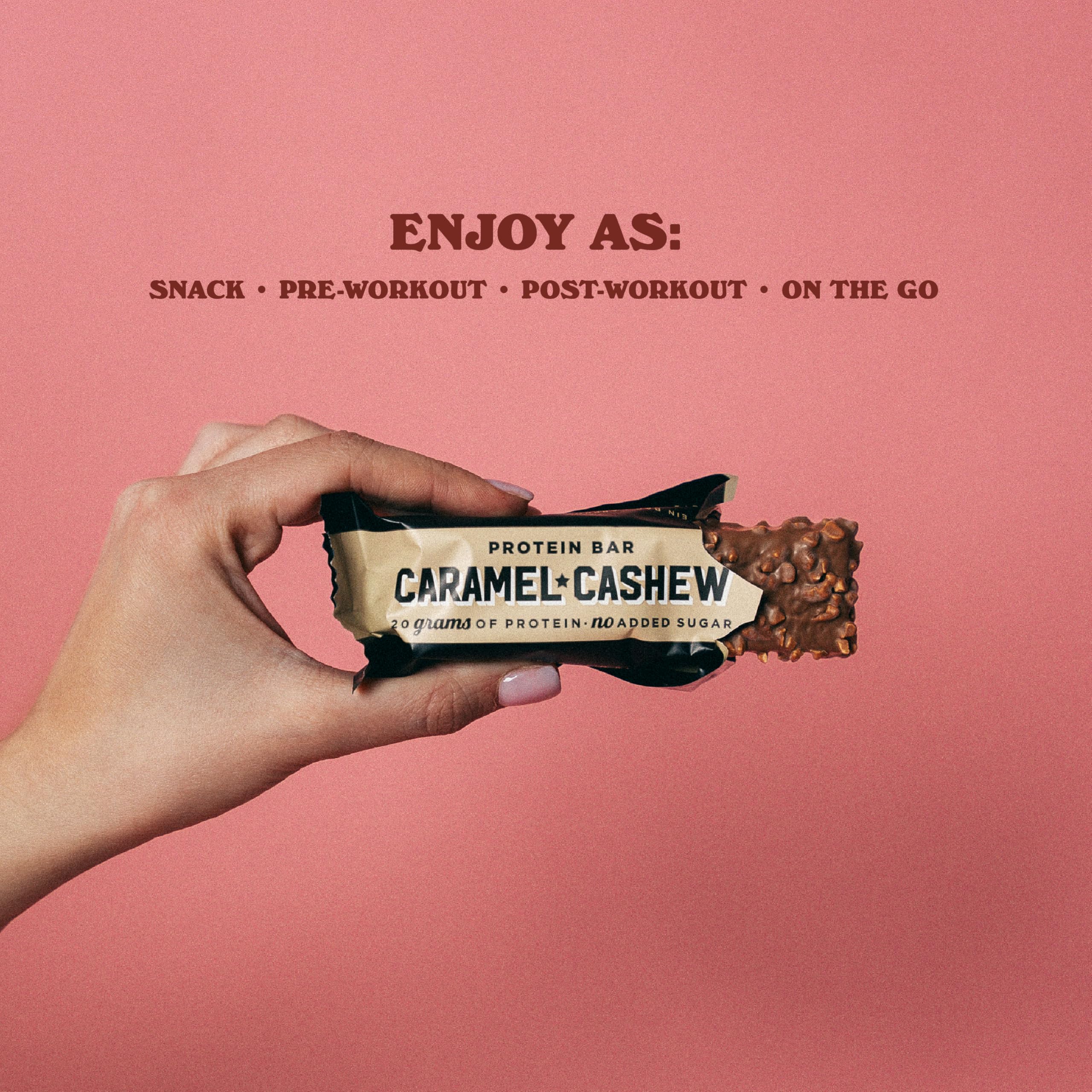 Barebells Caramel Cashew bar on table ready as a quick breakfast or snack.