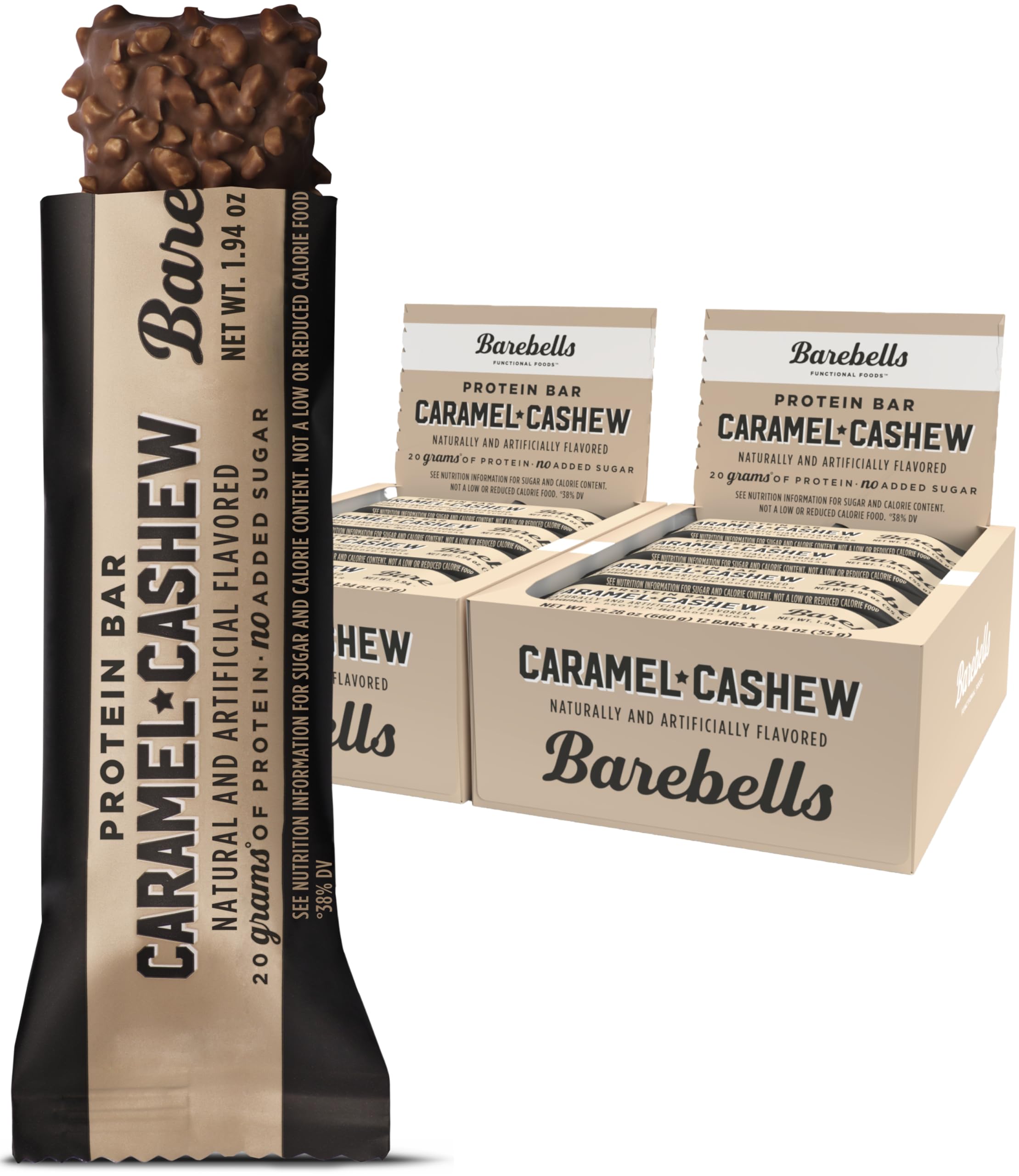 Barebells Caramel Cashew bar unwrapped for a high-protein snack on the go.