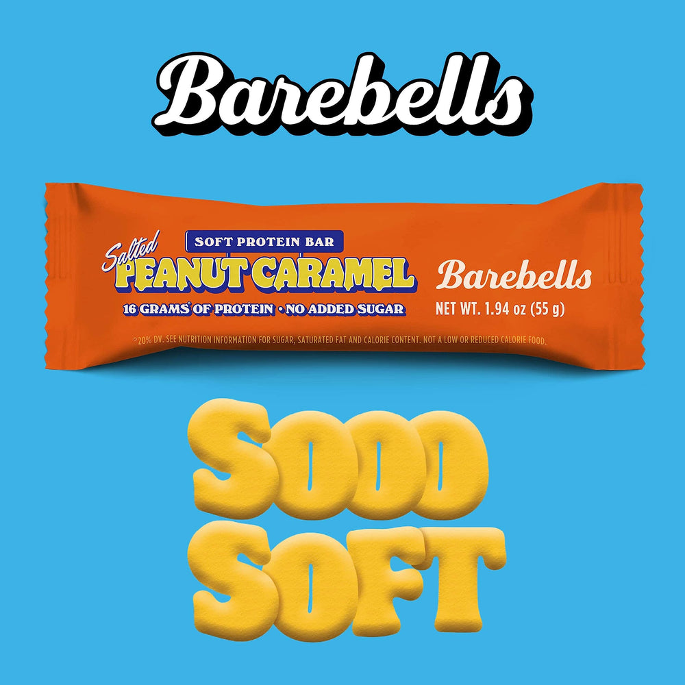 BAREBELLS Soft Protein Bar Salted Peanut Caramel close-up texture shows fluffy interior ideal snack.