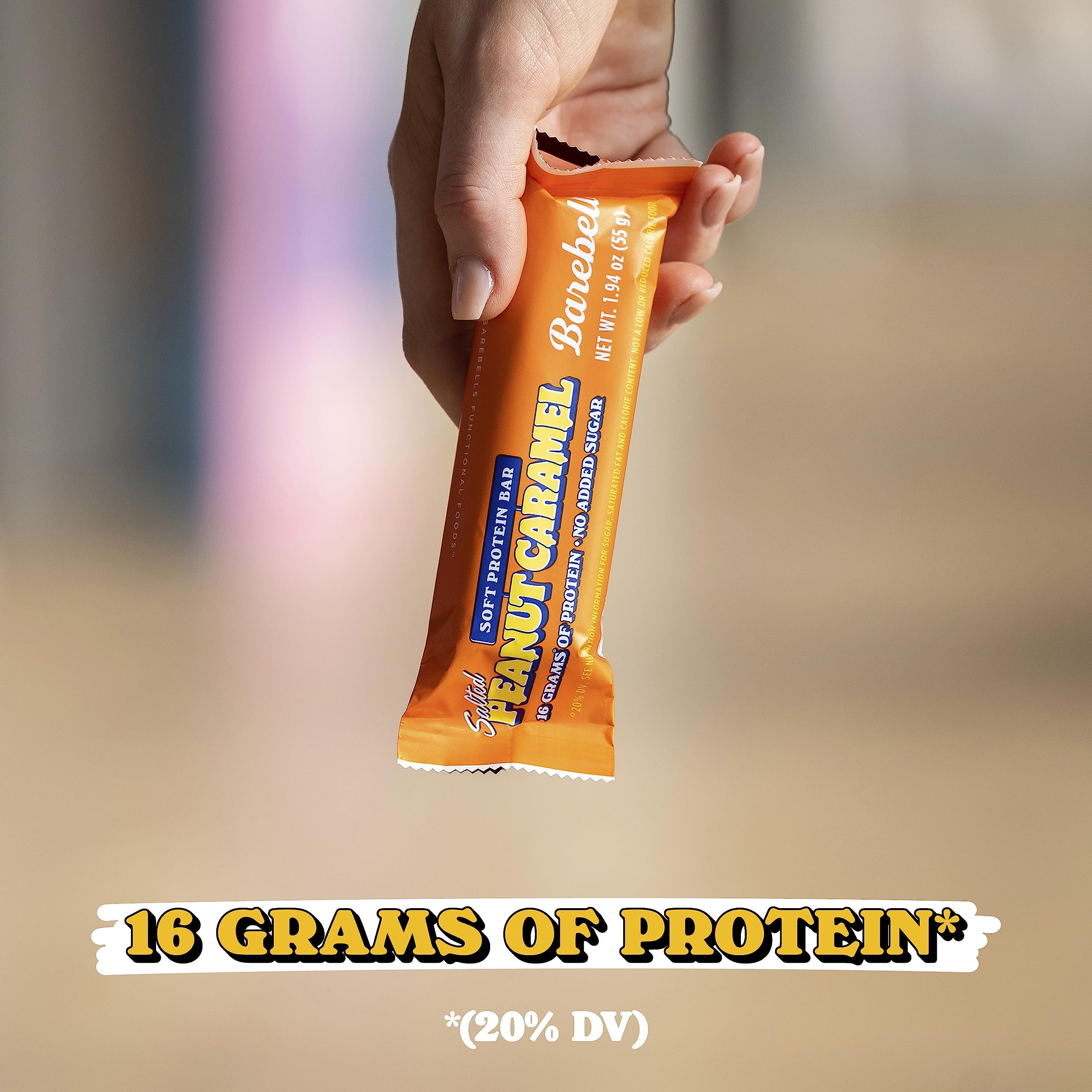 BAREBELLS Soft Protein Bar Salted Peanut Caramel cross-section shows protein-rich filling.