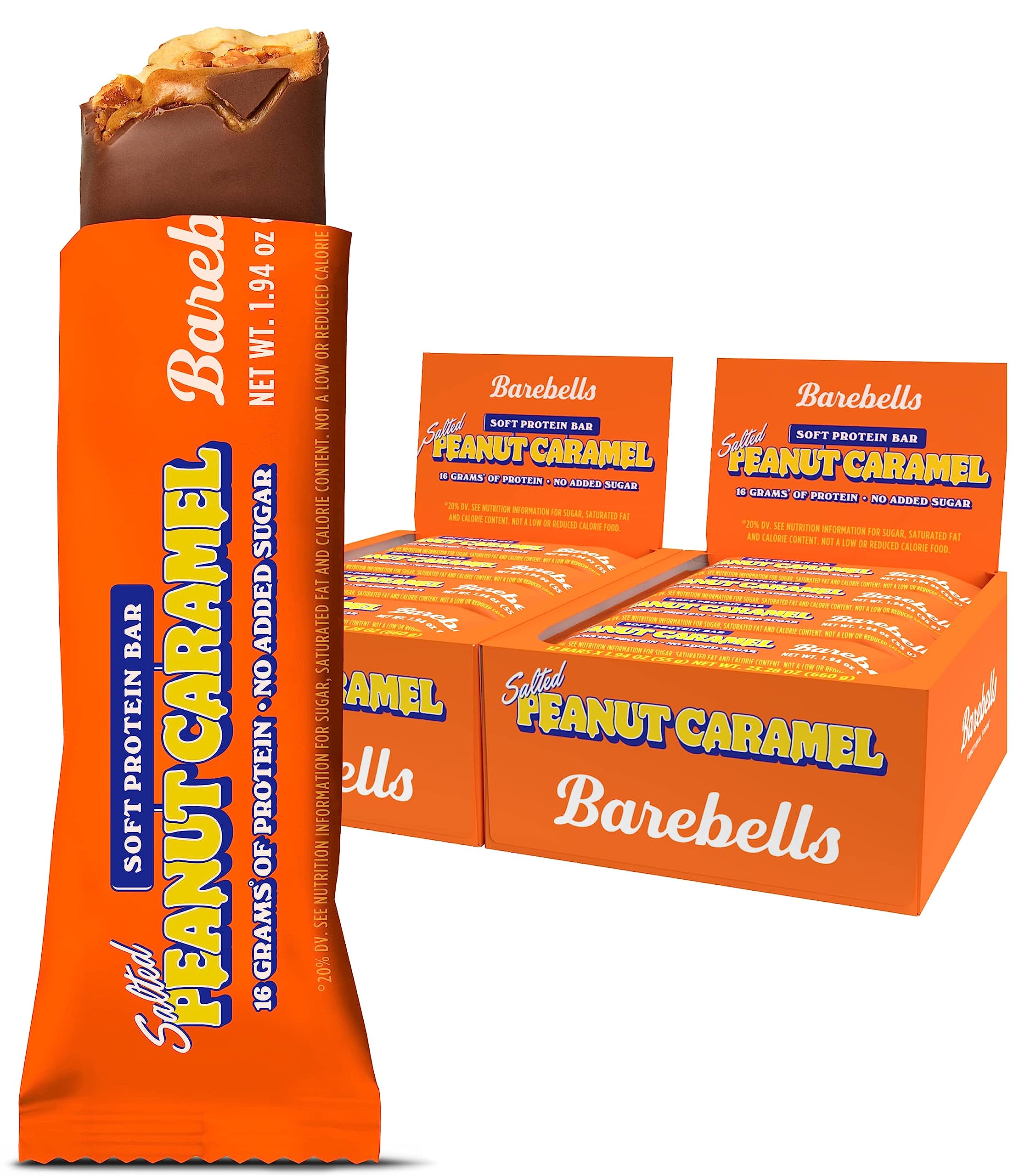 BAREBELLS Soft Protein Bar Salted Peanut Caramel packaging shows two boxes for convenient daily snacks.