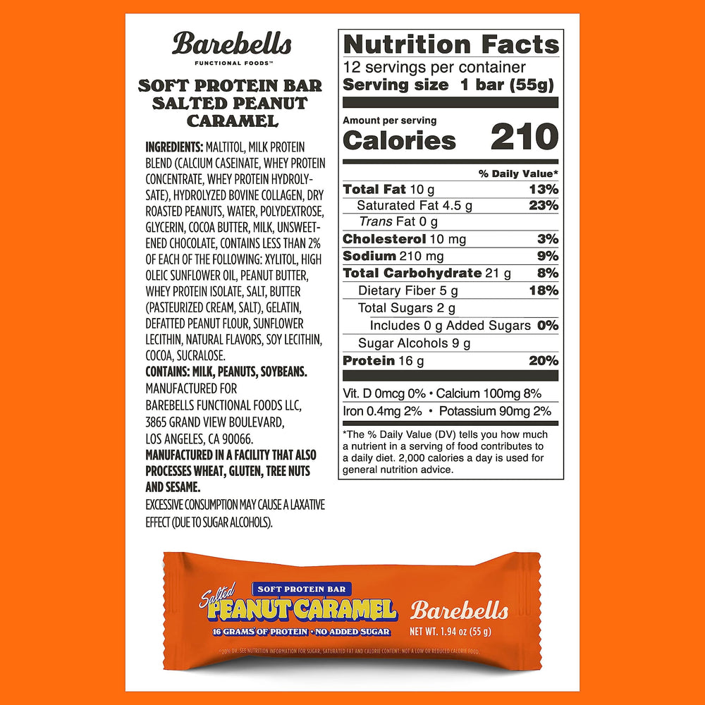 BAREBELLS Soft Protein Bar Salted Peanut Caramel unwrapped bar reveals soft texture ideal for quick bite.