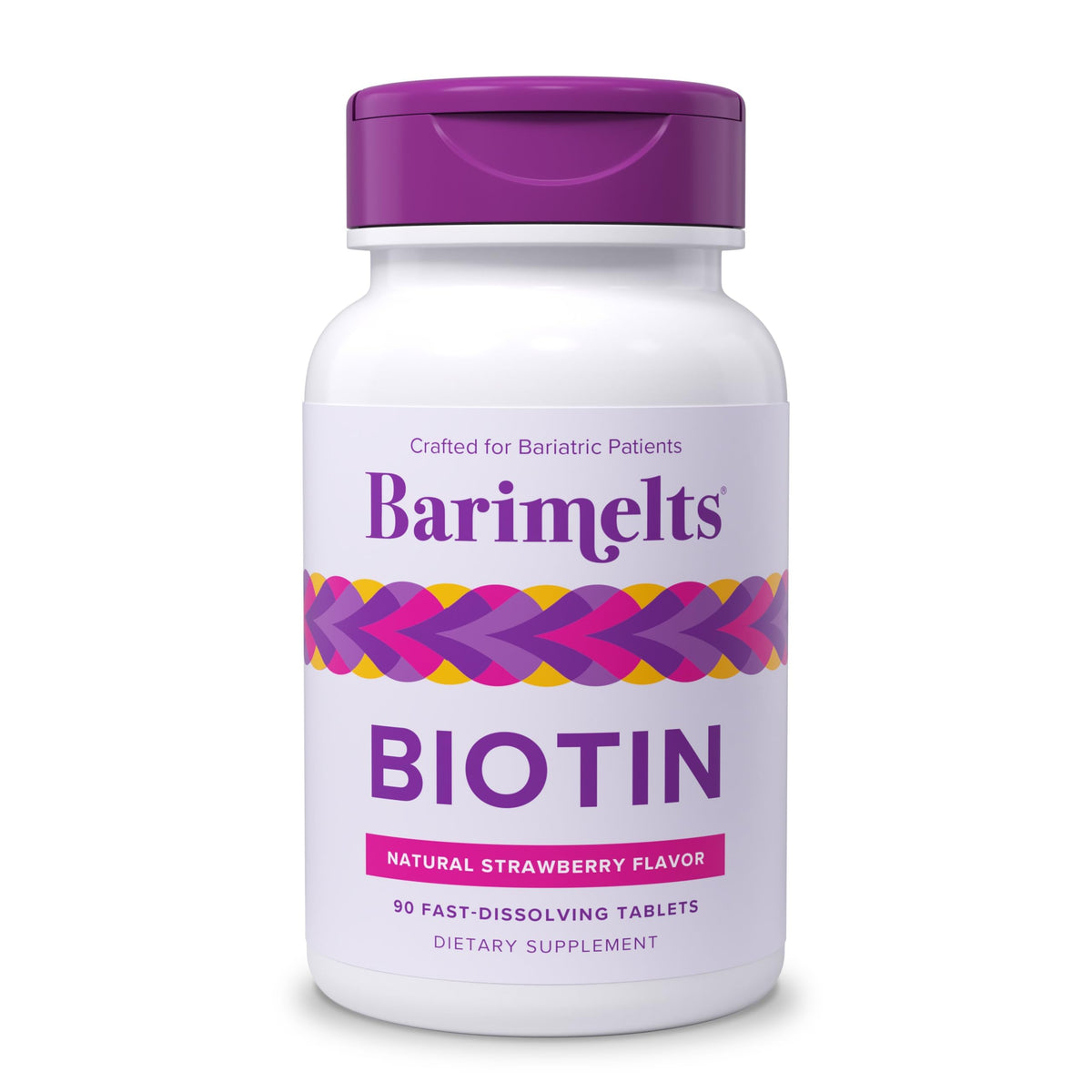 BariMelts Biotin 5000mcg strawberry flavor tablets in bottle