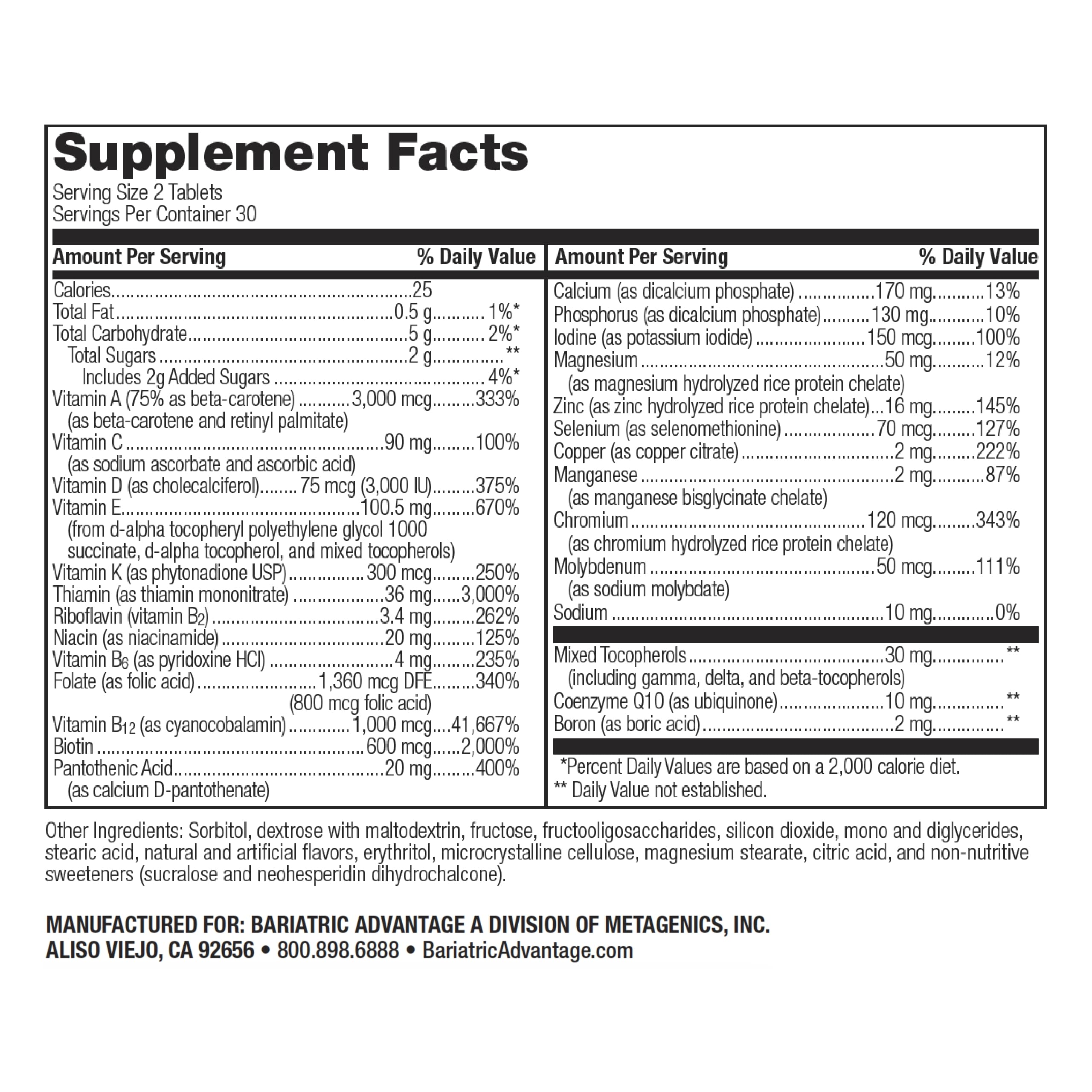 Back panel with nutrition information for Bariatric Advantage Chewable Advanced Multi EA Without Iron Mixed Fruit