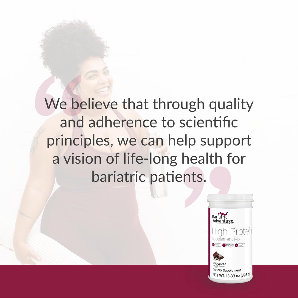 Bariatric Advantage 14-serving packaging front emphasizes convenient post-surgery protein support.