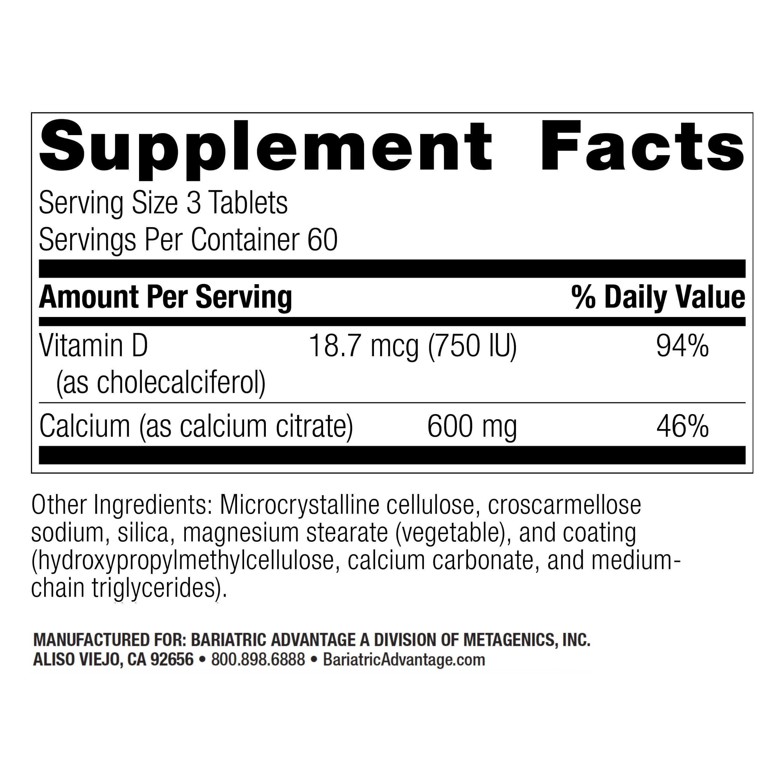 Calcium citrate 600 mg per serving information on the label