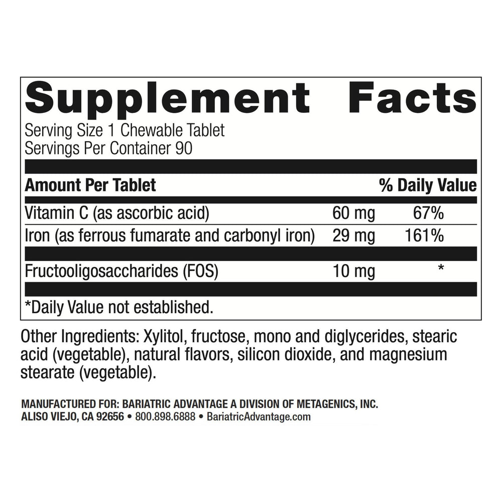 Close-up of 29 mg iron chewable tablets
