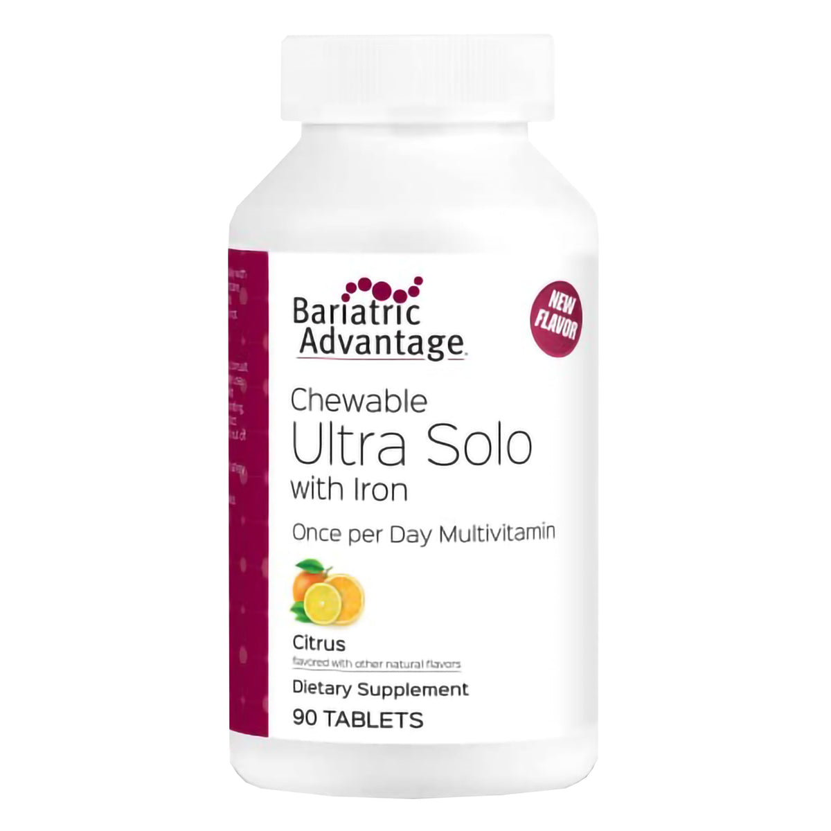 Front view of Bariatric Advantage Chewable Ultra Solo with Iron bottle – 90 citrus chewable tablets