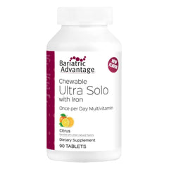 Front view of Bariatric Advantage Chewable Ultra Solo with Iron bottle – 90 citrus chewable tablets