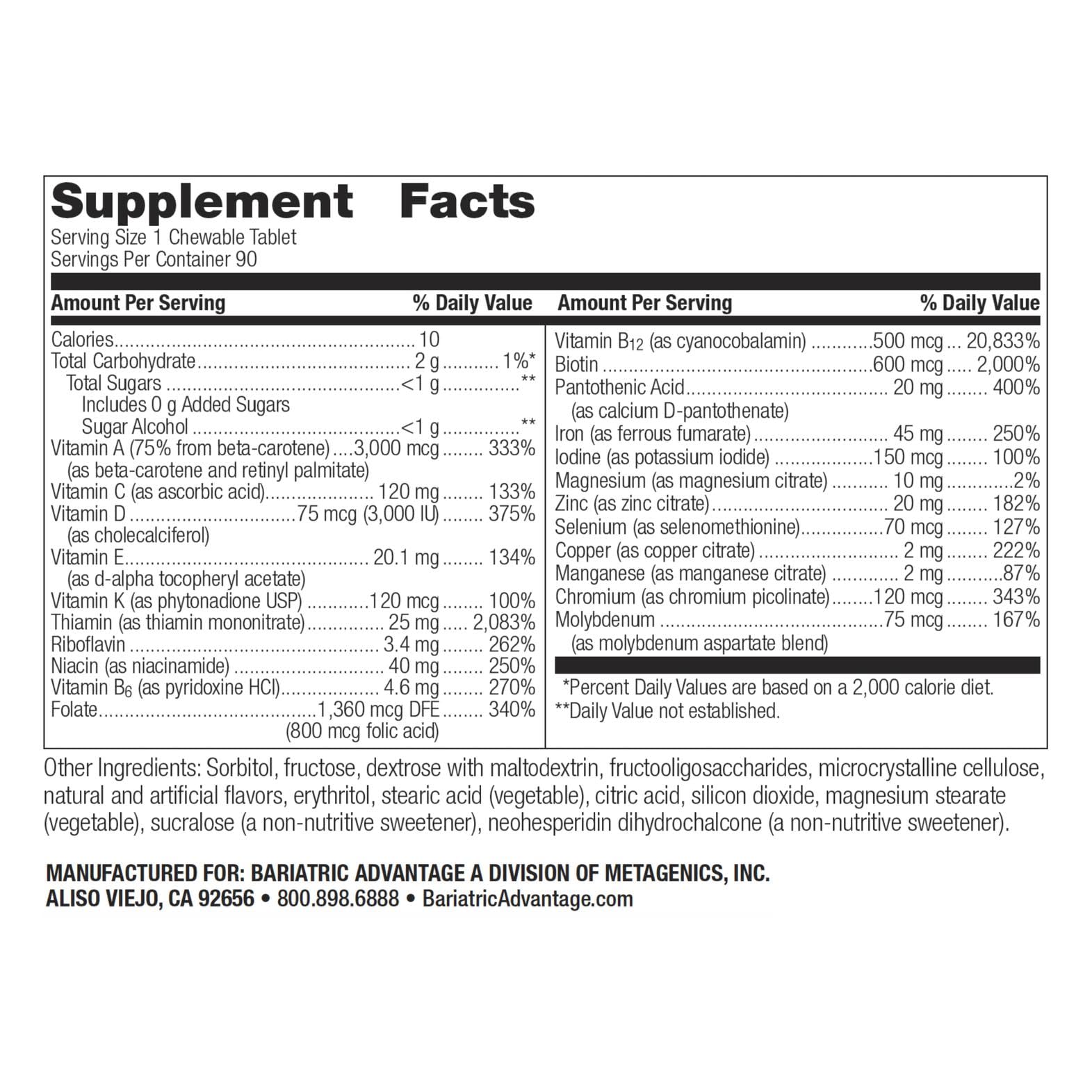 Pack shot of Bariatric Advantage Chewable Ultra Solo with Iron – 90 citrus tablets