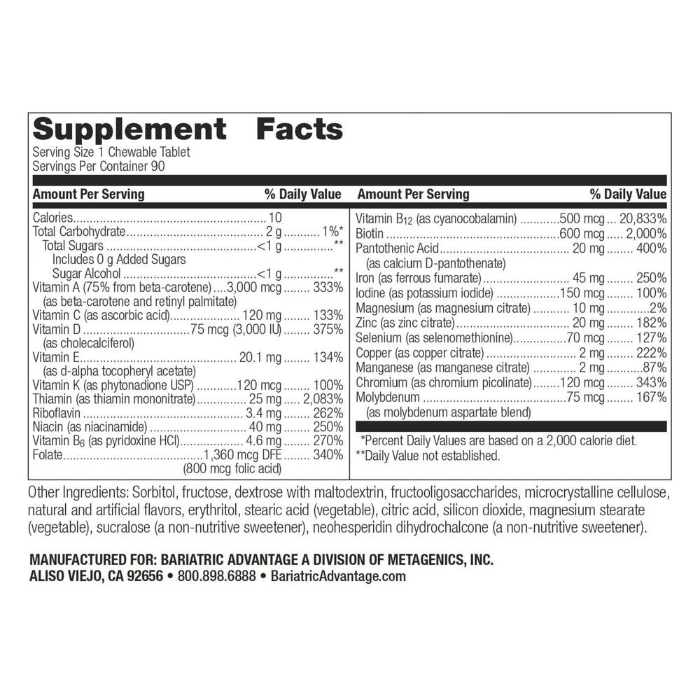 Pack shot of Bariatric Advantage Chewable Ultra Solo with Iron – 90 citrus tablets