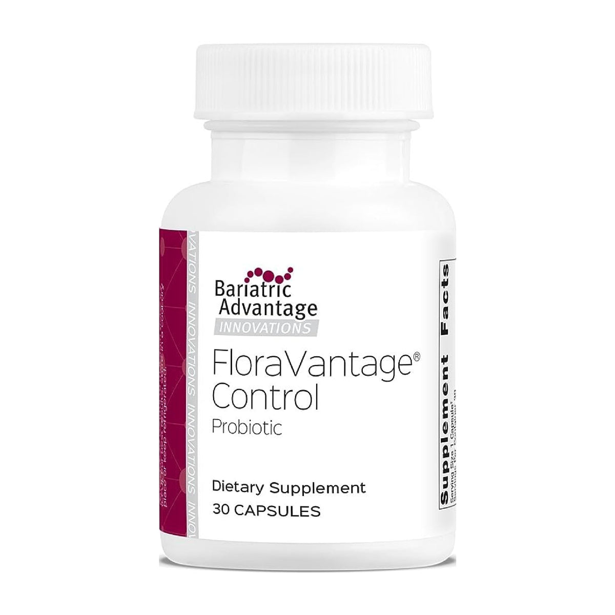 Front view of Bariatric Advantage FloraVantage Control probiotic bottle with label