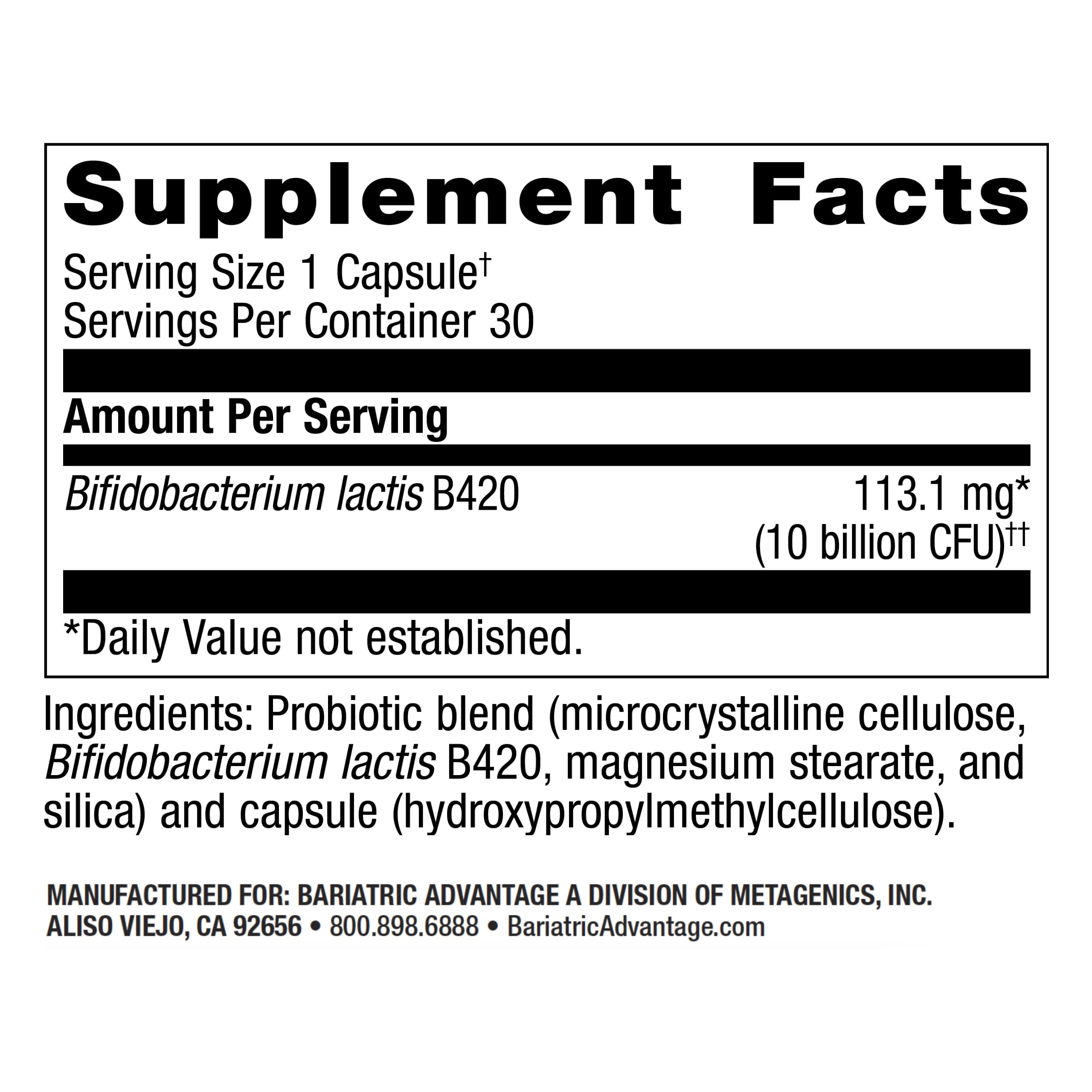 Close-up of FloraVantage Control label highlighting 2.4B CFU Bifidobacterium lactis B-420