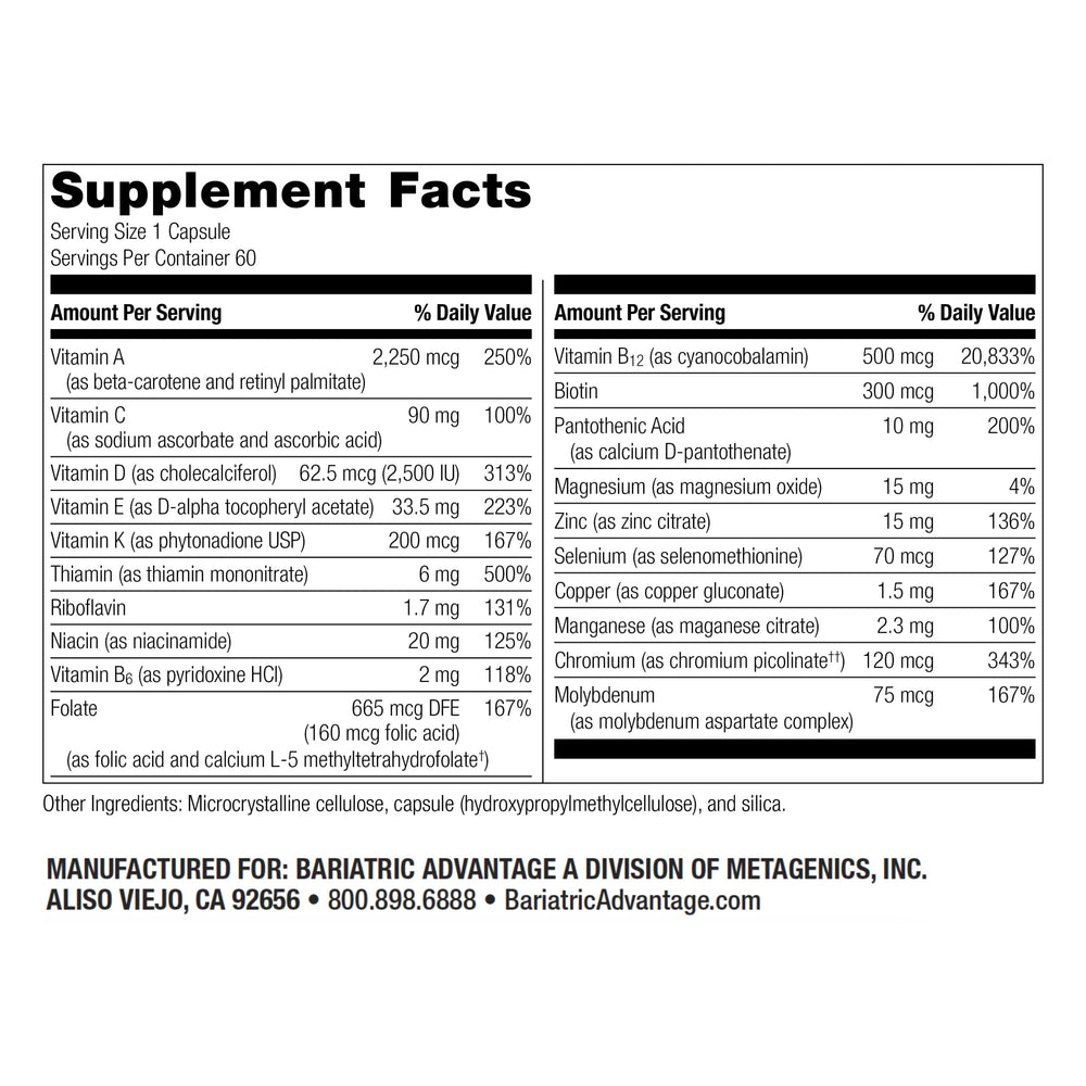 Close-up of the ADEK multivitamin label for bariatric patients
