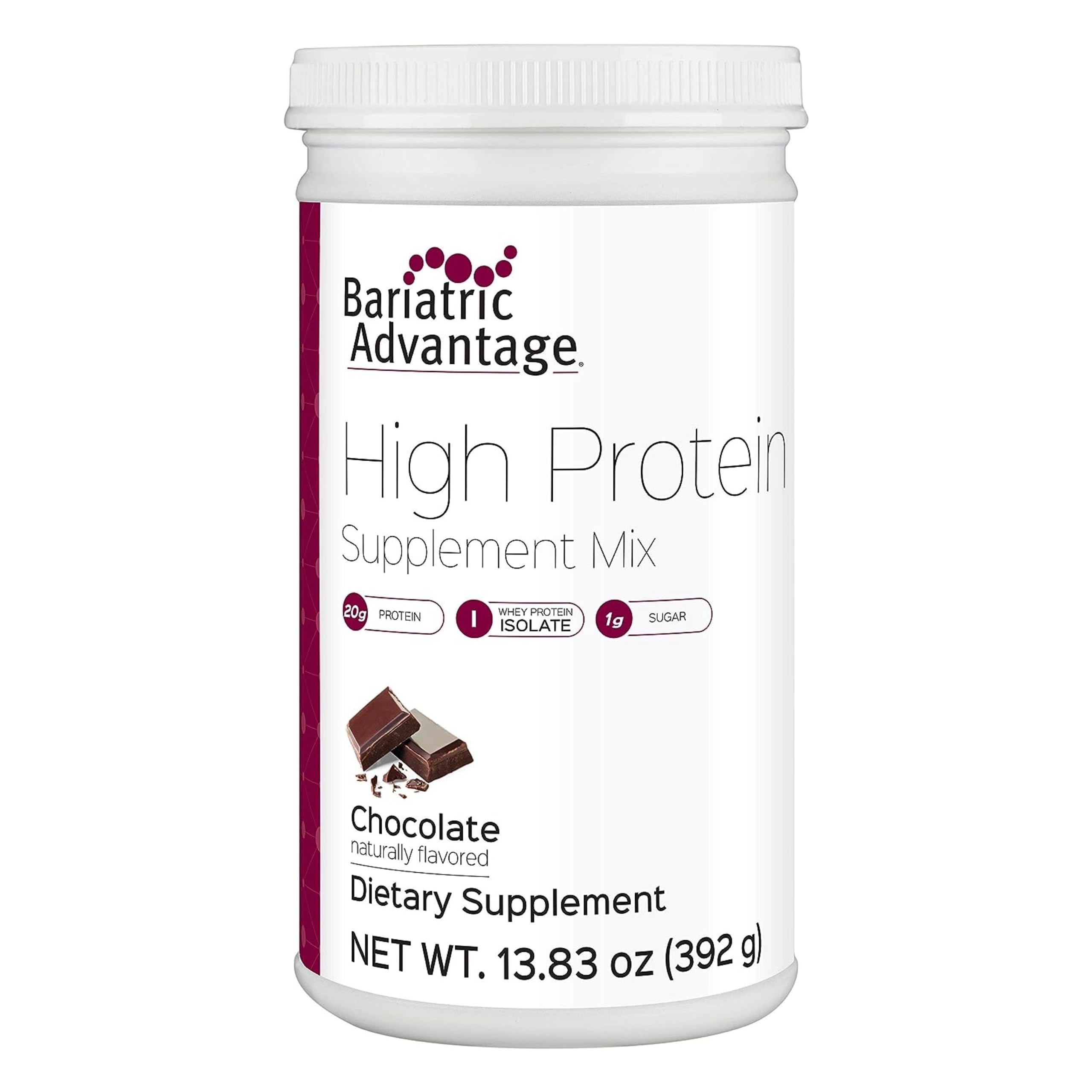 Bariatric Advantage high-protein supplement powder bottle shows 20 g protein per serving in a low-sugar formula.