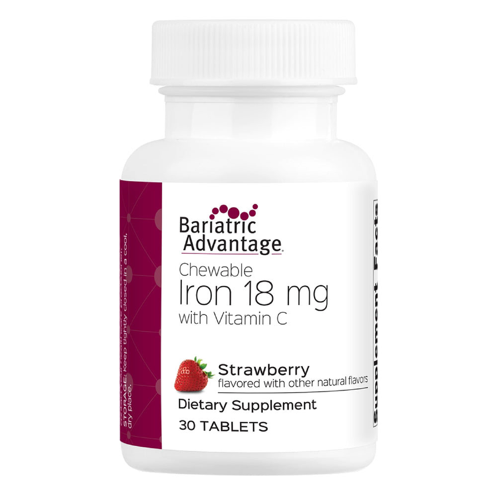 Front view of Bariatric Advantage Iron 18 mg with Vitamin C Chewable Strawberry bottle