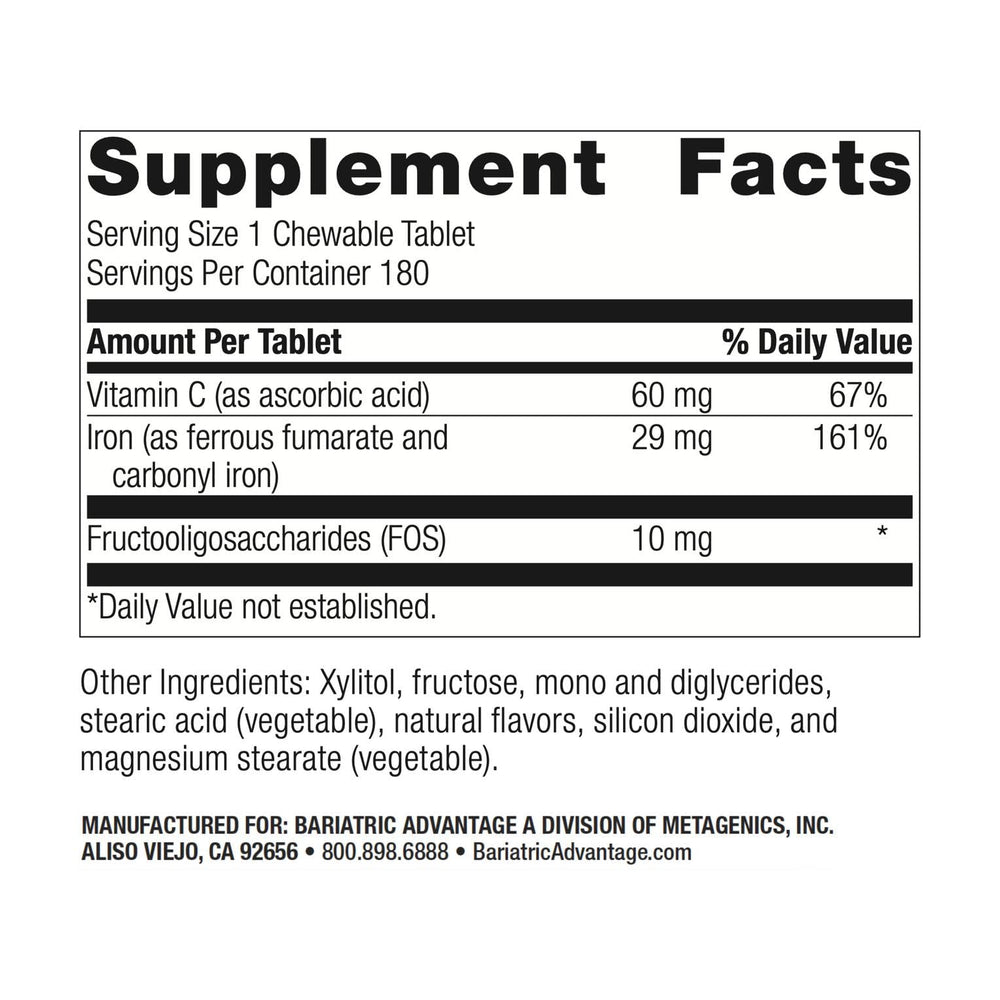 Chewable iron 29 mg with vitamin C and ingredients