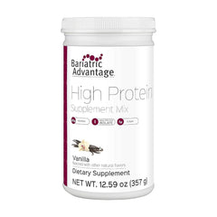 Bariatric Advantage vanilla protein powder tub front shows protein-rich formula for post-surgery support