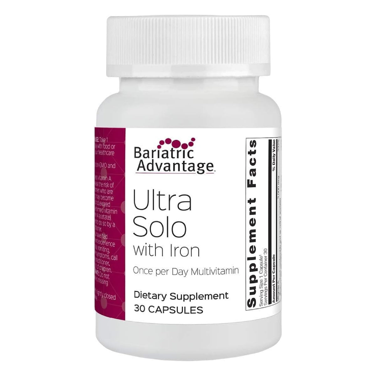 Bariatric Advantage Ultra Solo with Iron bottle showing 30 capsules
