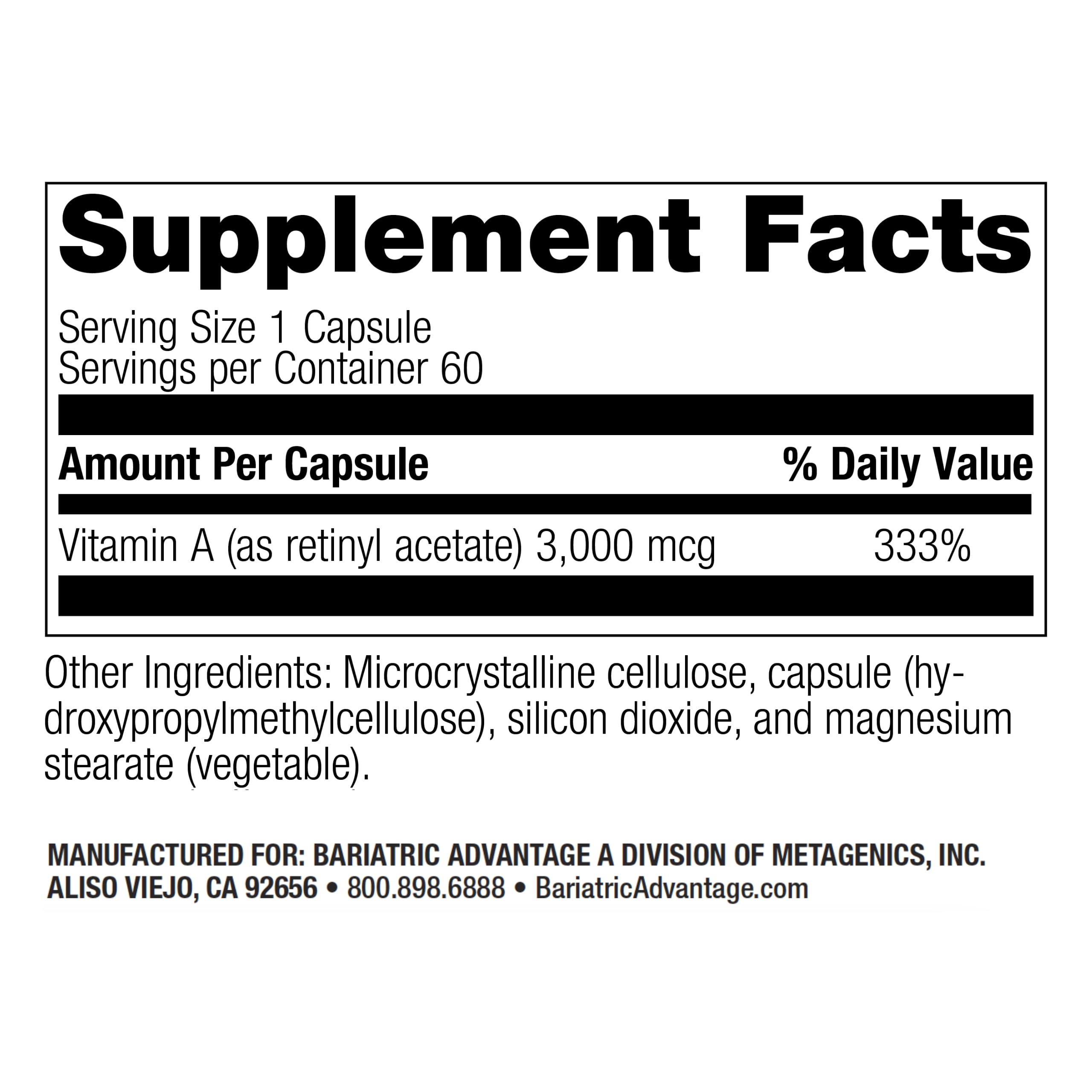 Bottle label showing Vitamin A 3,000 mcg for bariatric patients