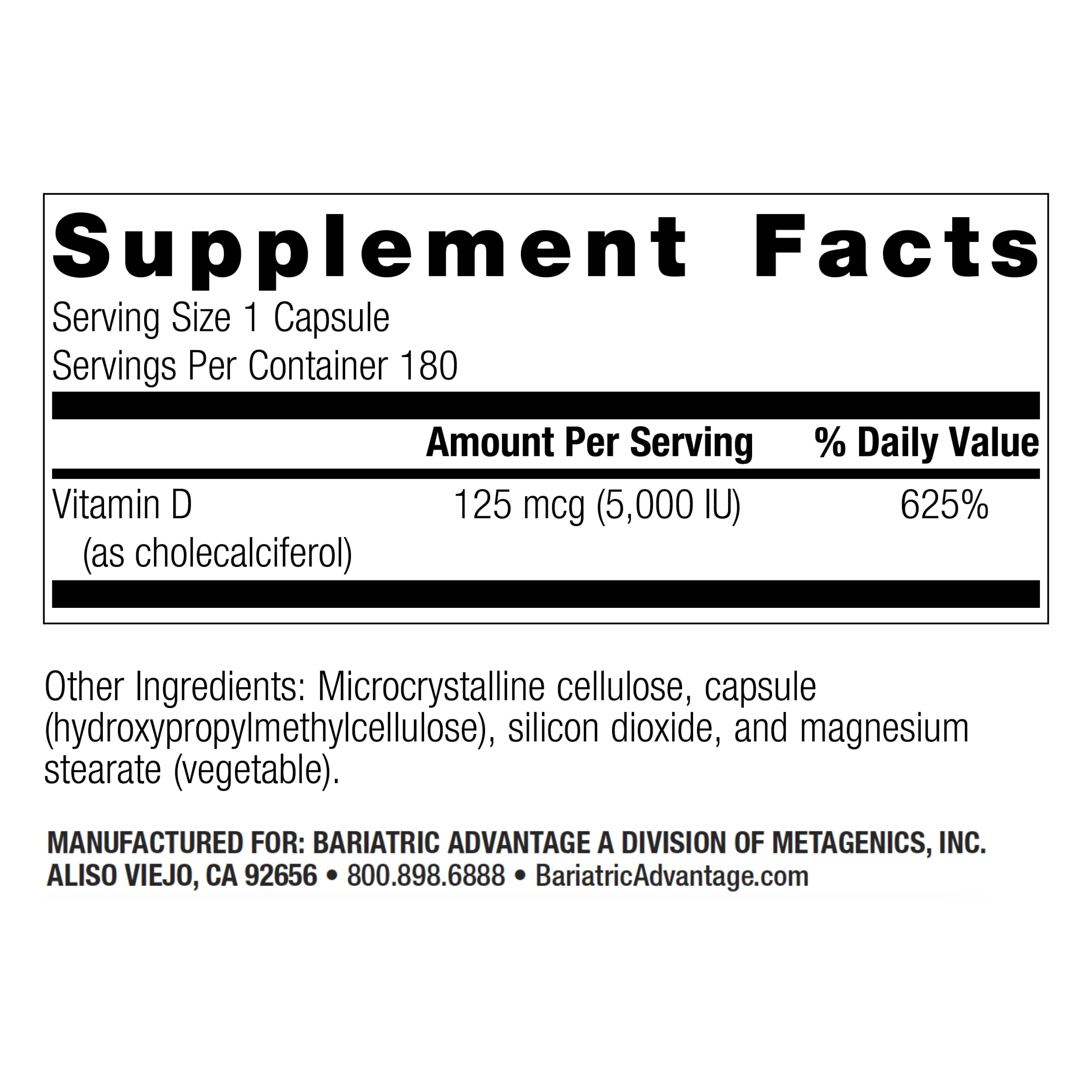 Close-up of Bariatric Advantage Vitamin D3 capsules for easy swallowing.