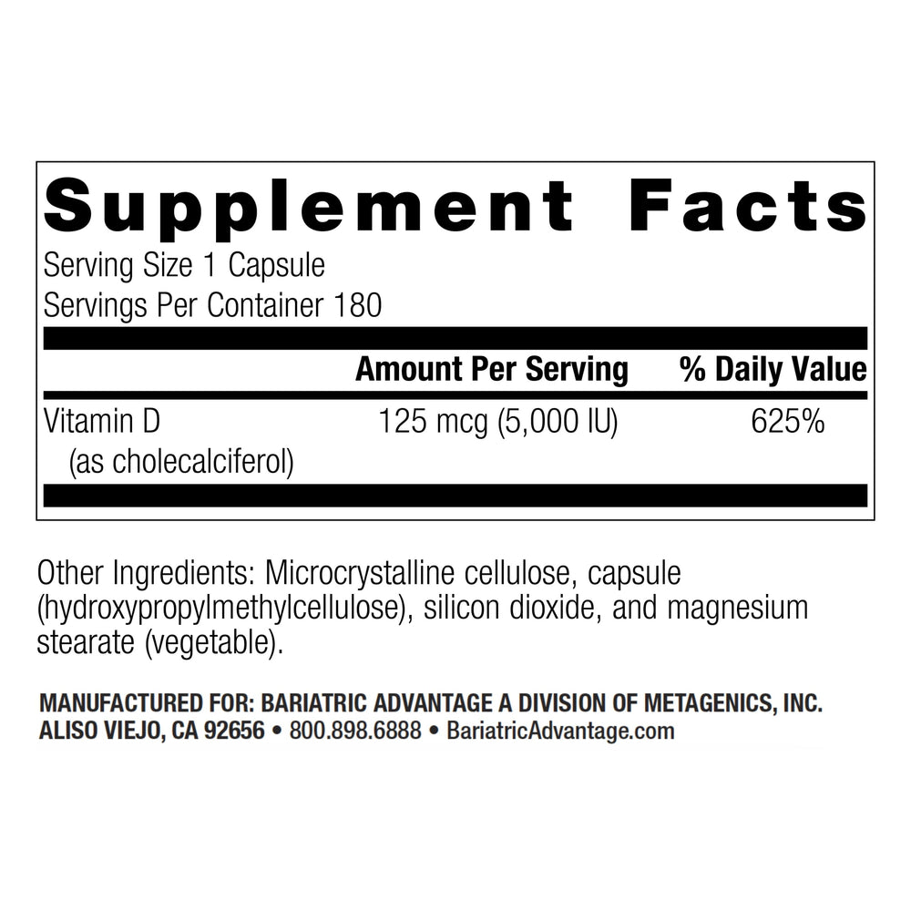 Close-up of Bariatric Advantage Vitamin D3 capsules for easy swallowing.