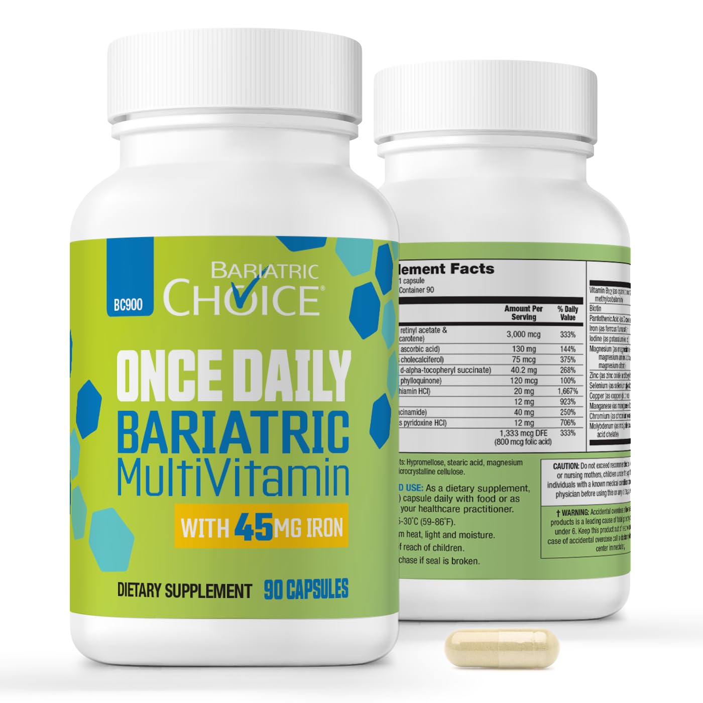 Bariatric Choice Once-Daily bottle showing easy daily capsule for post-surgery nutrition support.