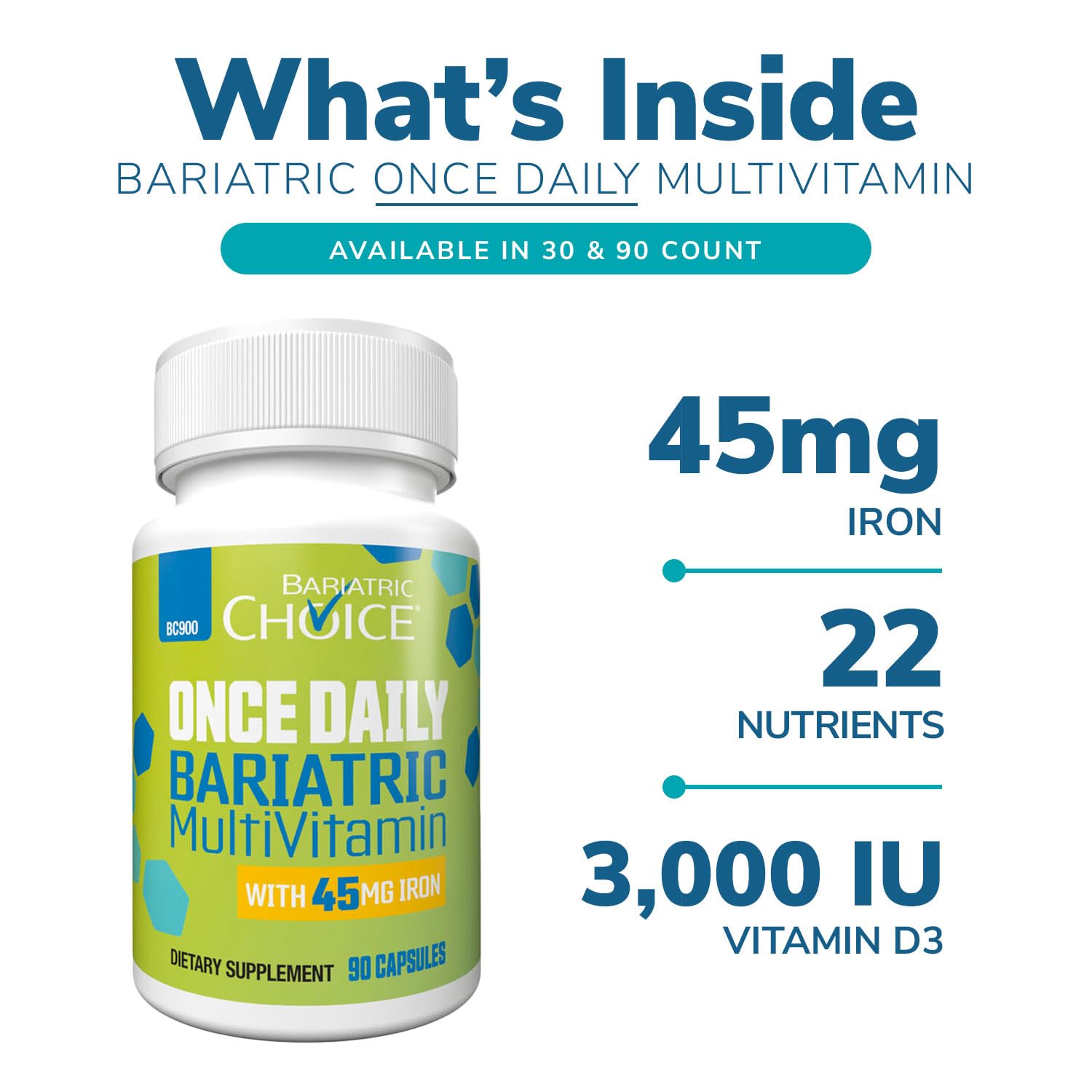 Bariatric Choice Once-Daily capsules closeup showing easy-to-swallow form for post-surgery nutrition