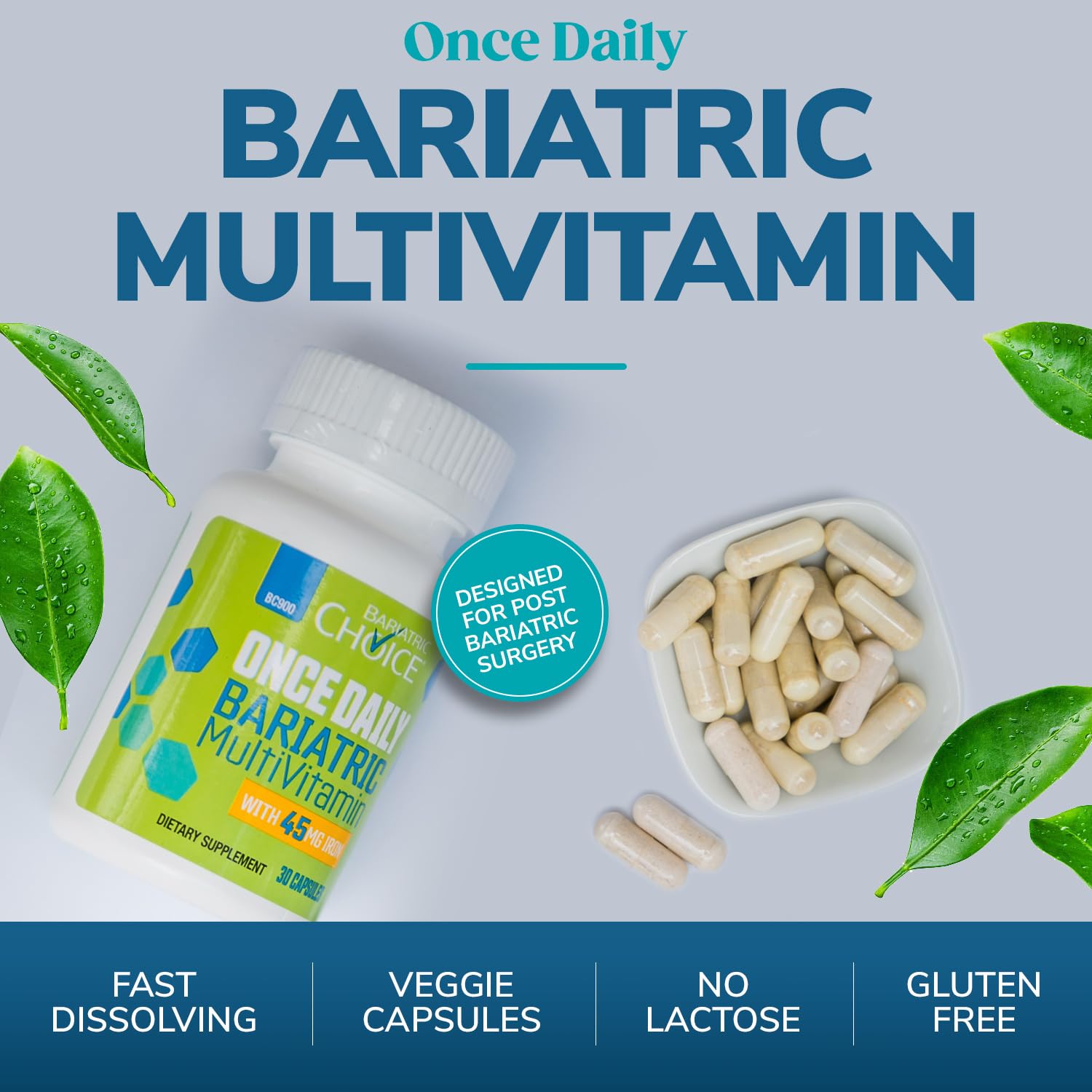 Bariatric Choice Once-Daily label displays nutrients and iron content.