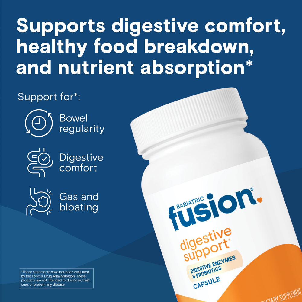 Close-up of Bariatric Fusion Digestive Support label highlighting enzymes and probiotics