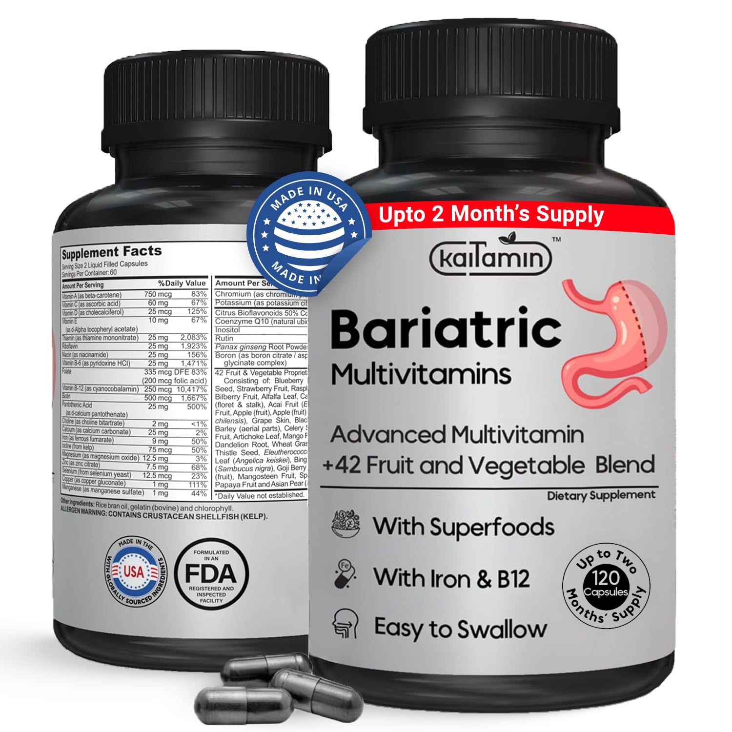 Bottle of Bariatric Multivitamin with Iron 120 capsules - hero image on white background