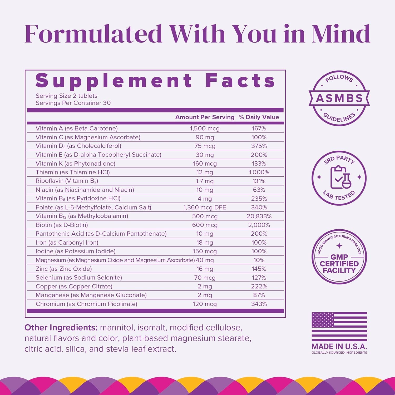 Barimelts Bariatric Multivitamin with Iron bottle back and supplement facts