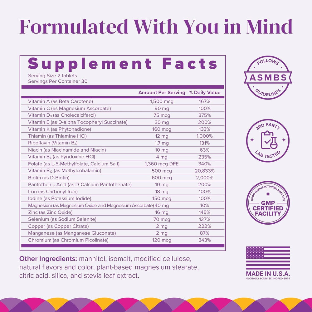 Barimelts Bariatric Multivitamin with Iron bottle back and supplement facts