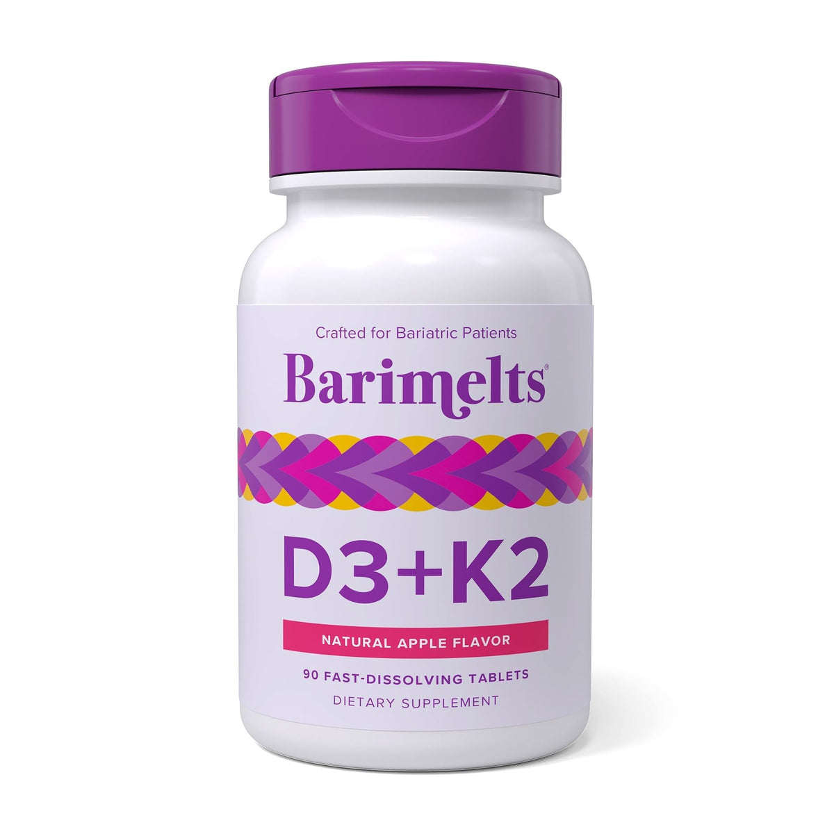 BariMelts bottle front view showing natural apple flavor and 90-tablet benefit