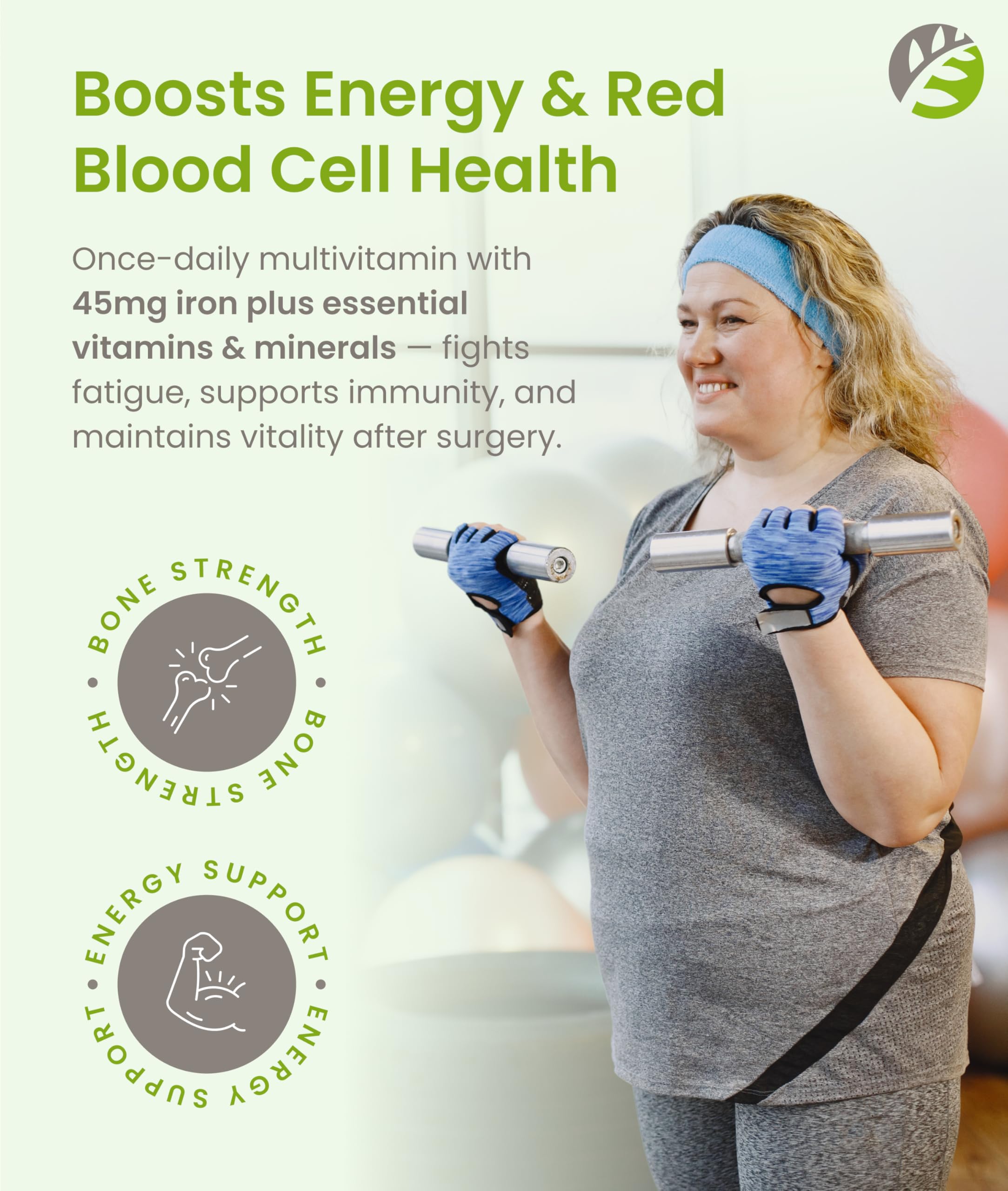 Label highlights 45 mg iron and key vitamins