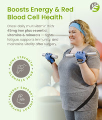 Label highlights 45 mg iron and key vitamins