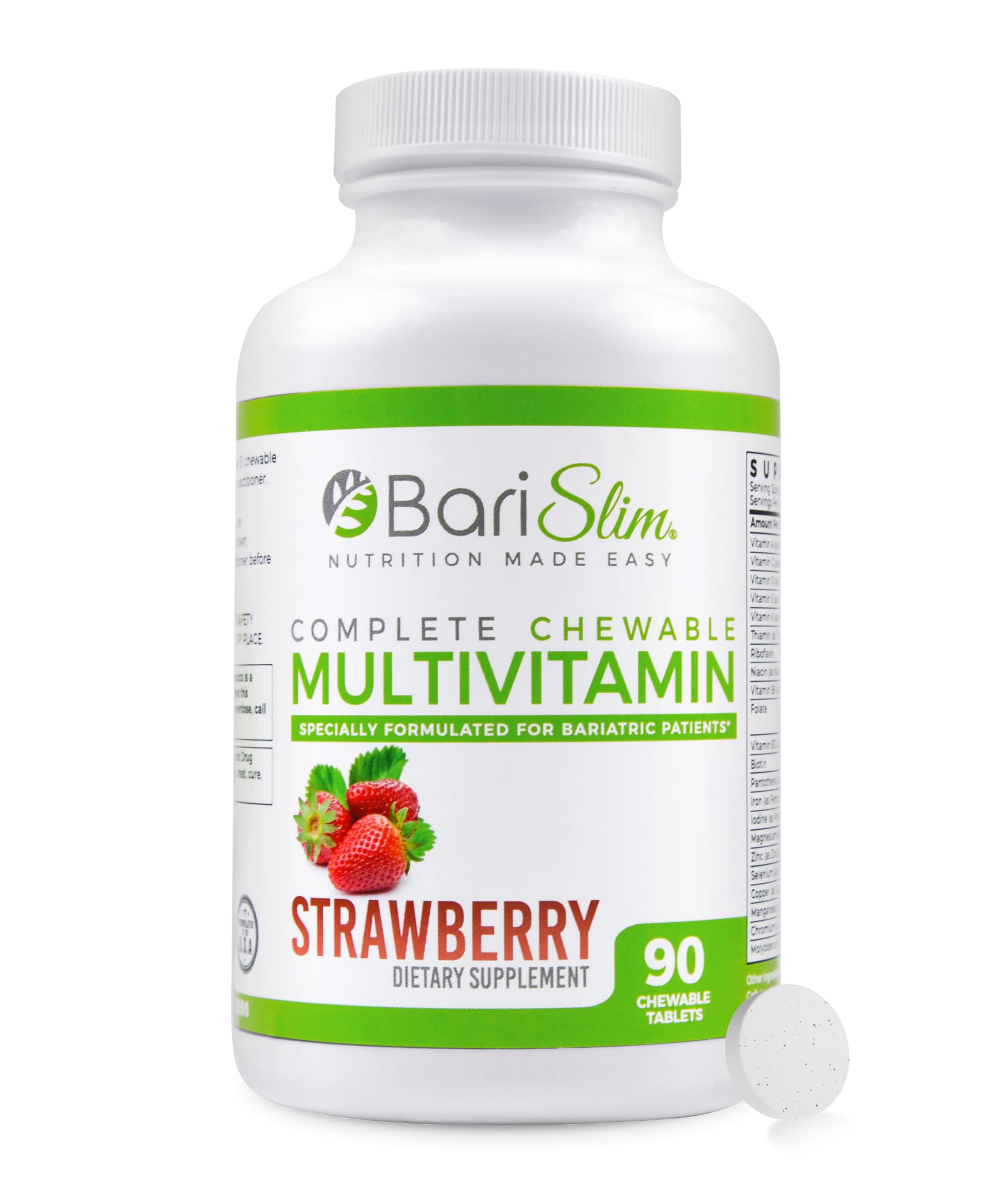 BariSlim chewable bariatric multivitamin tablet with 45mg iron and strawberry flavor