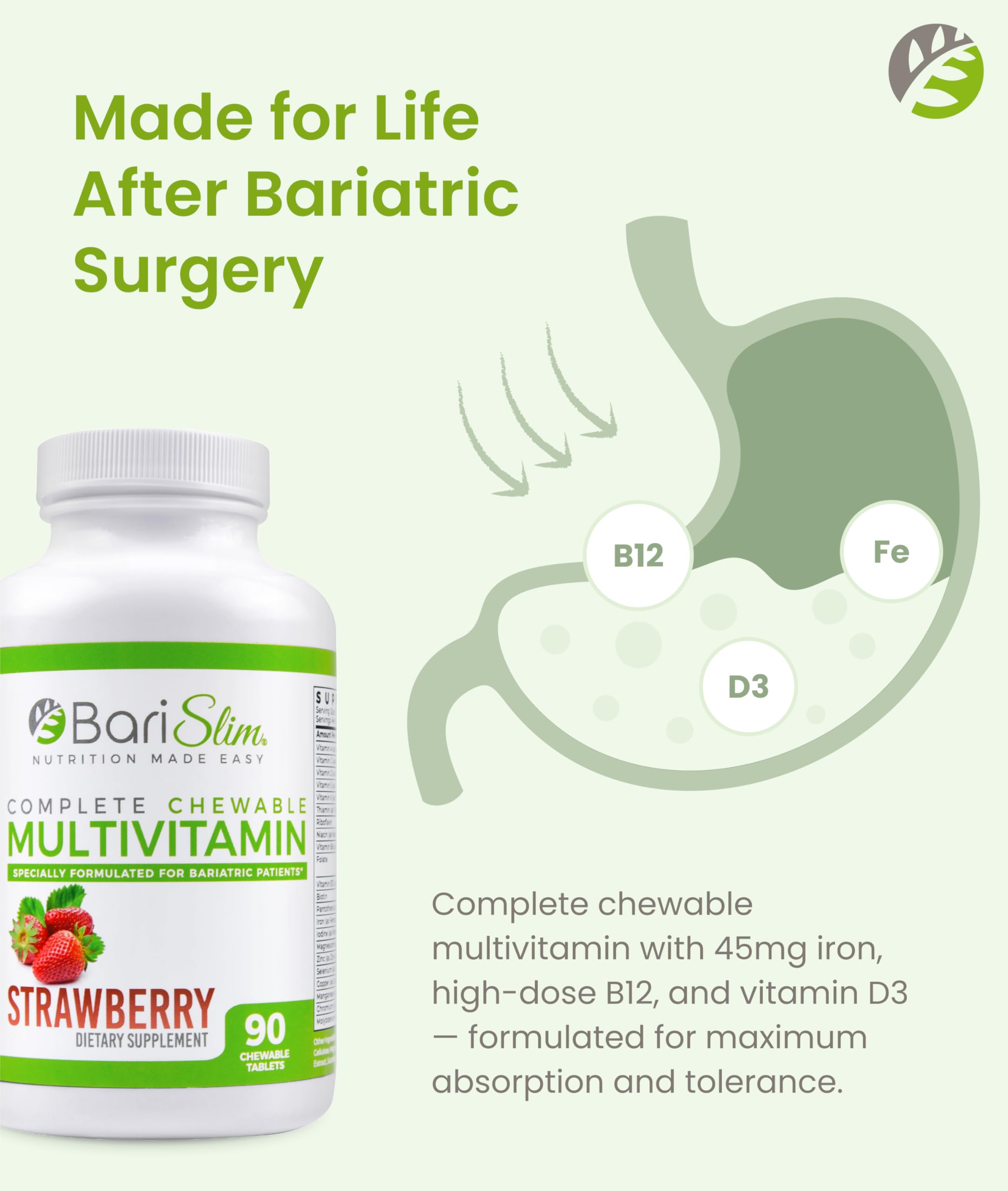 BariSlim complete multivitamin packaging showing 45mg iron per serving