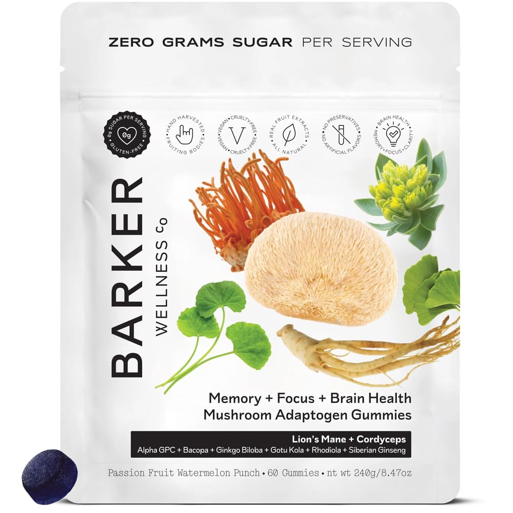 Bottle of Barker Wellness Mushroom Adaptogen Gummies