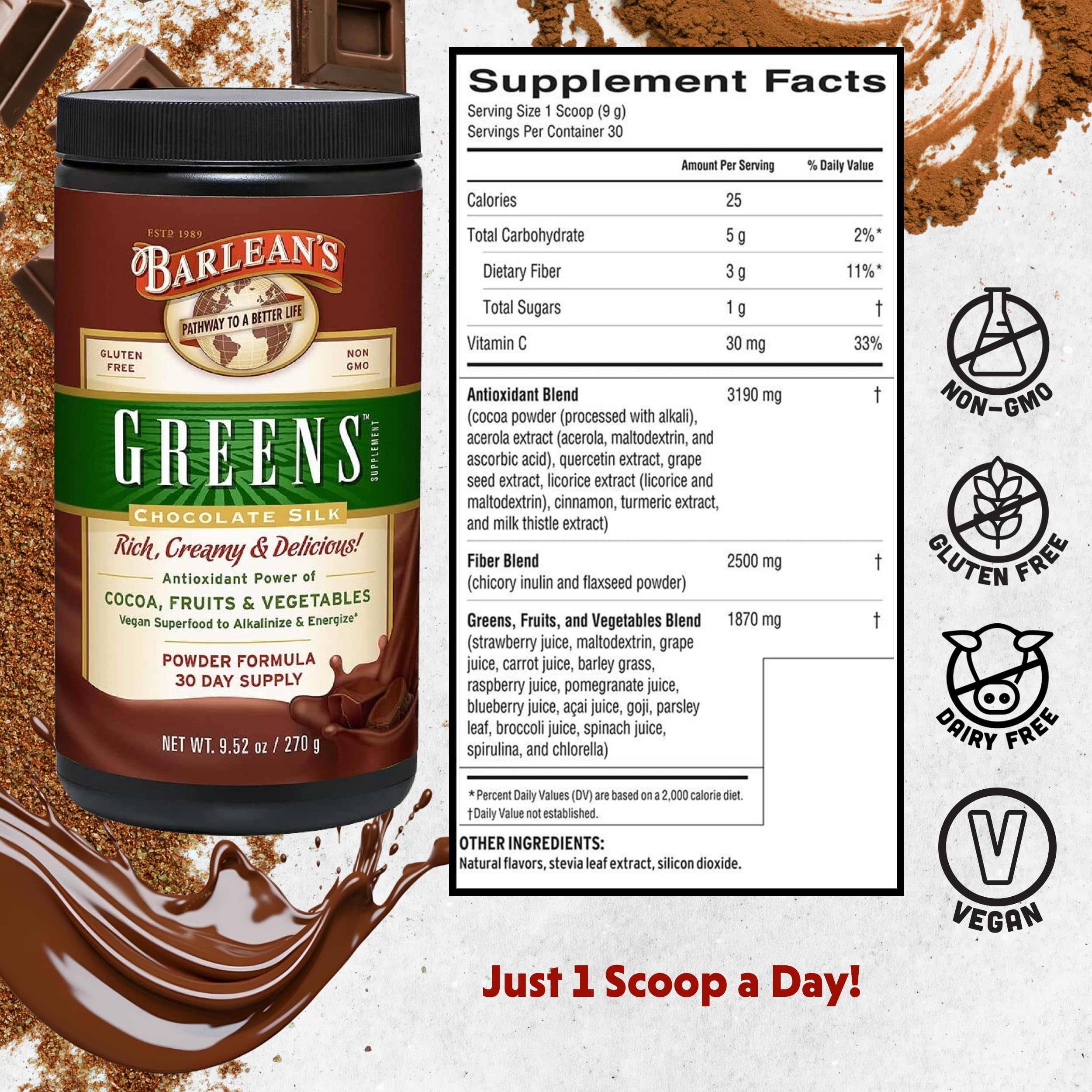 Barlean's Chocolate Greens Powder jar with scoop