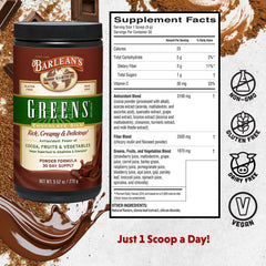 Barlean's Chocolate Greens Powder jar with scoop