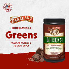 Nutrition facts panel for Barlean's Chocolate Greens Powder