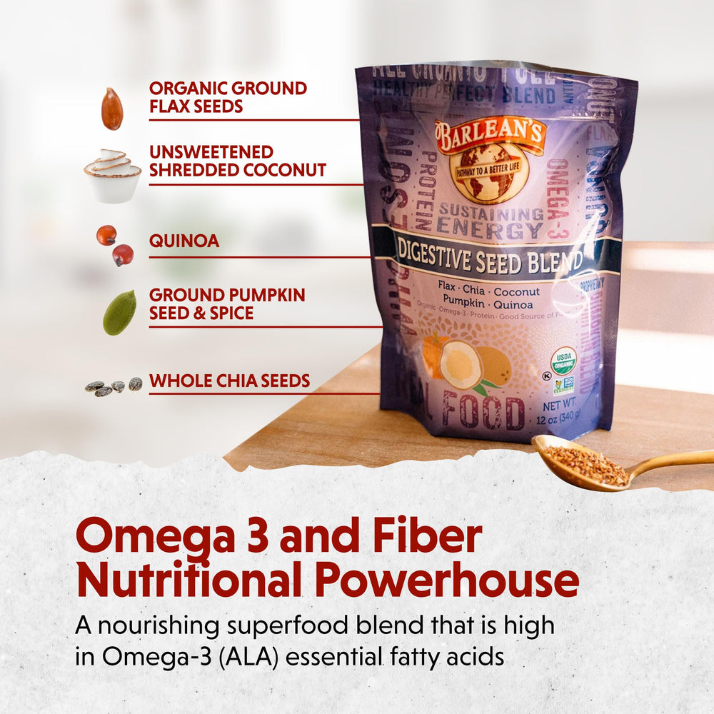 Digestive Seed Blend bottle and scoop on kitchen counter