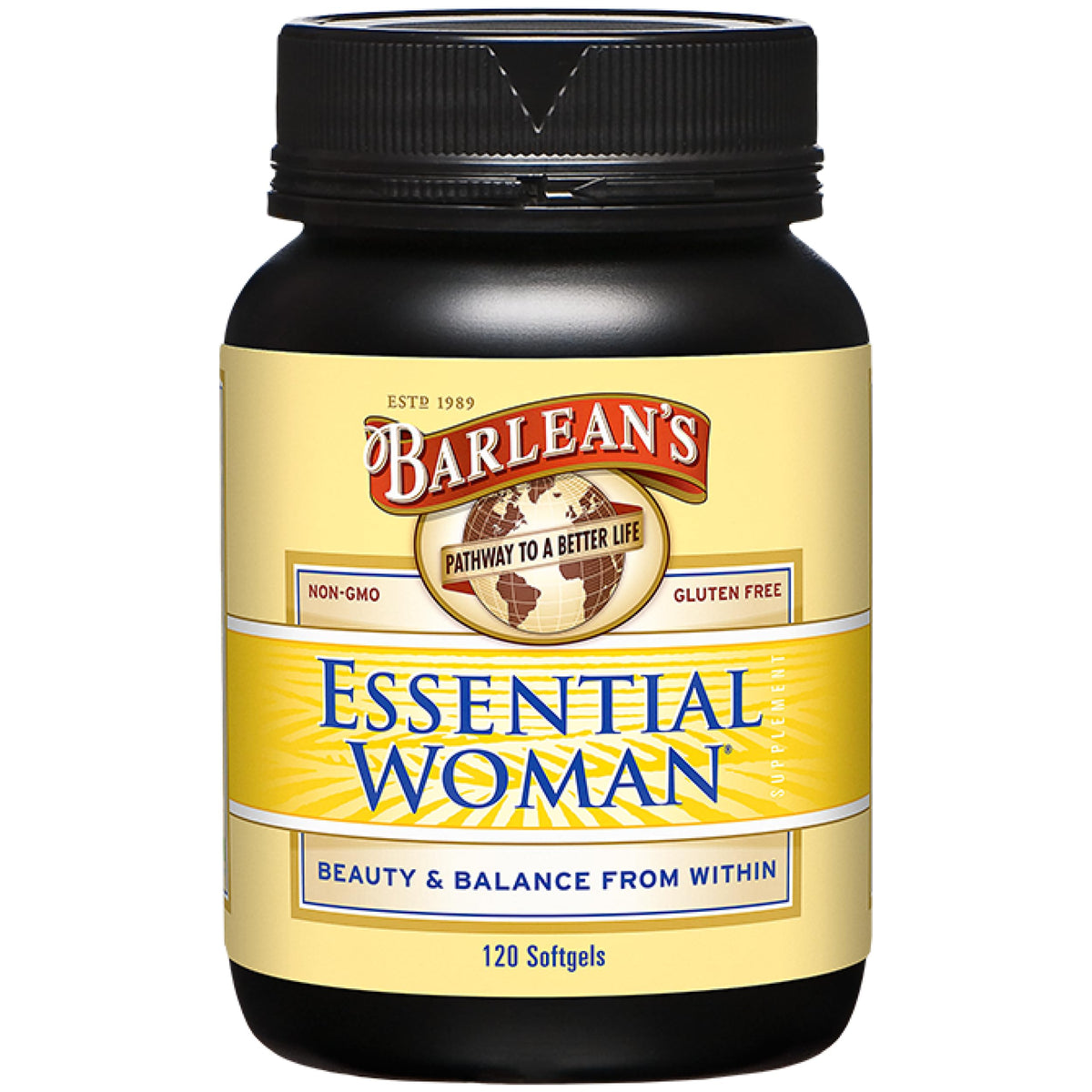 Barlean's Essential Woman supplement bottle for hormone balance