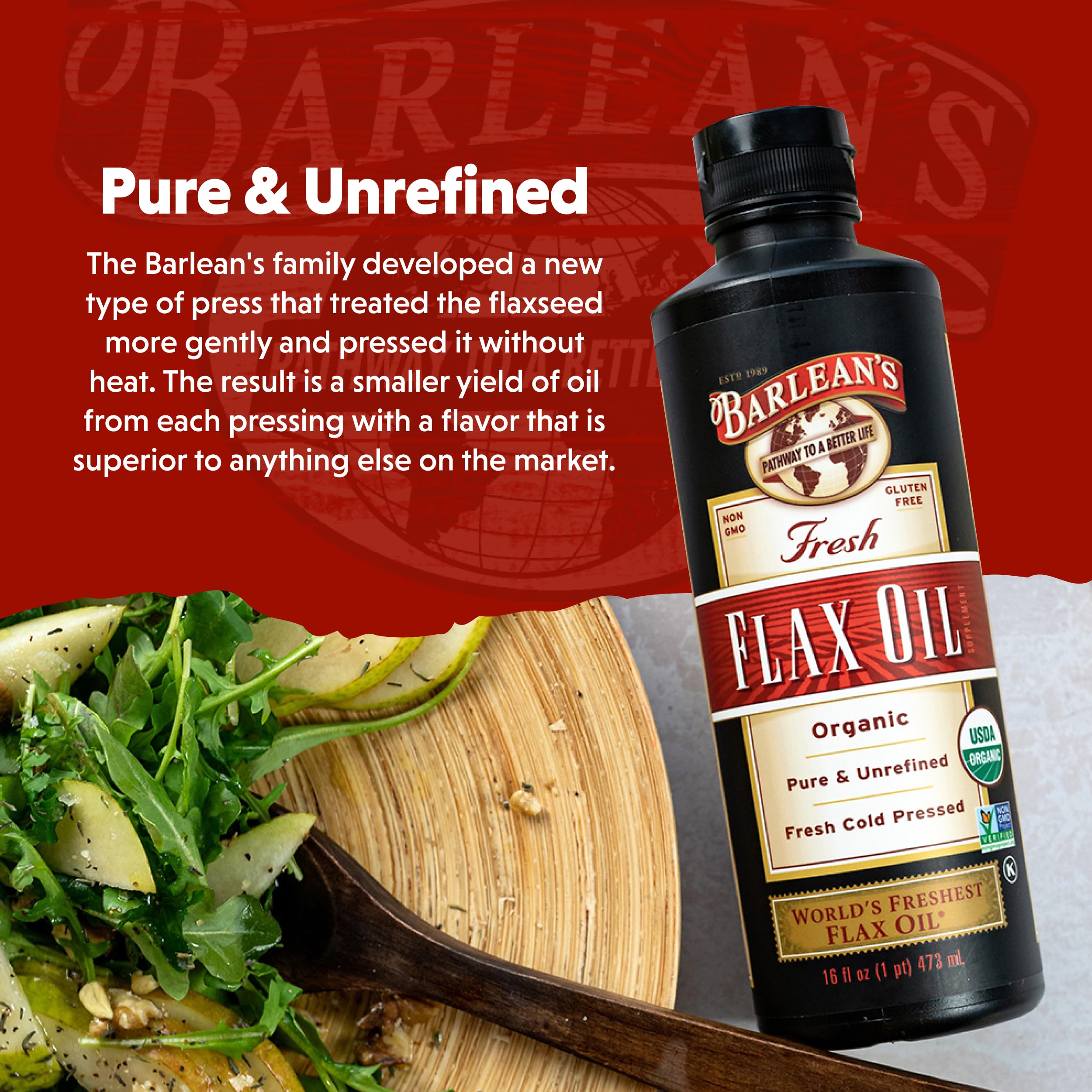 Mild nutty flavor of Barlean's Flaxseed Oil in glass