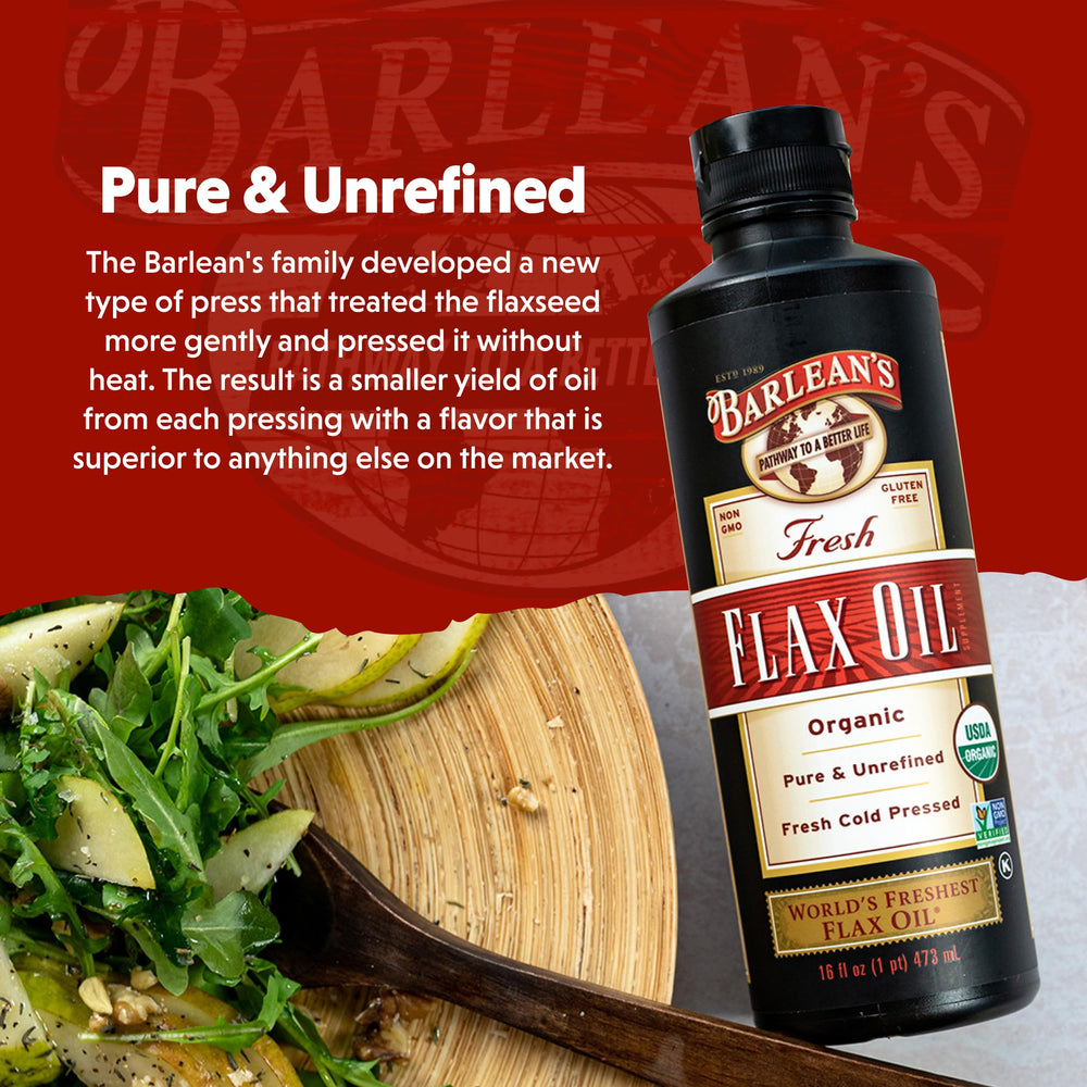 Mild nutty flavor of Barlean's Flaxseed Oil in glass