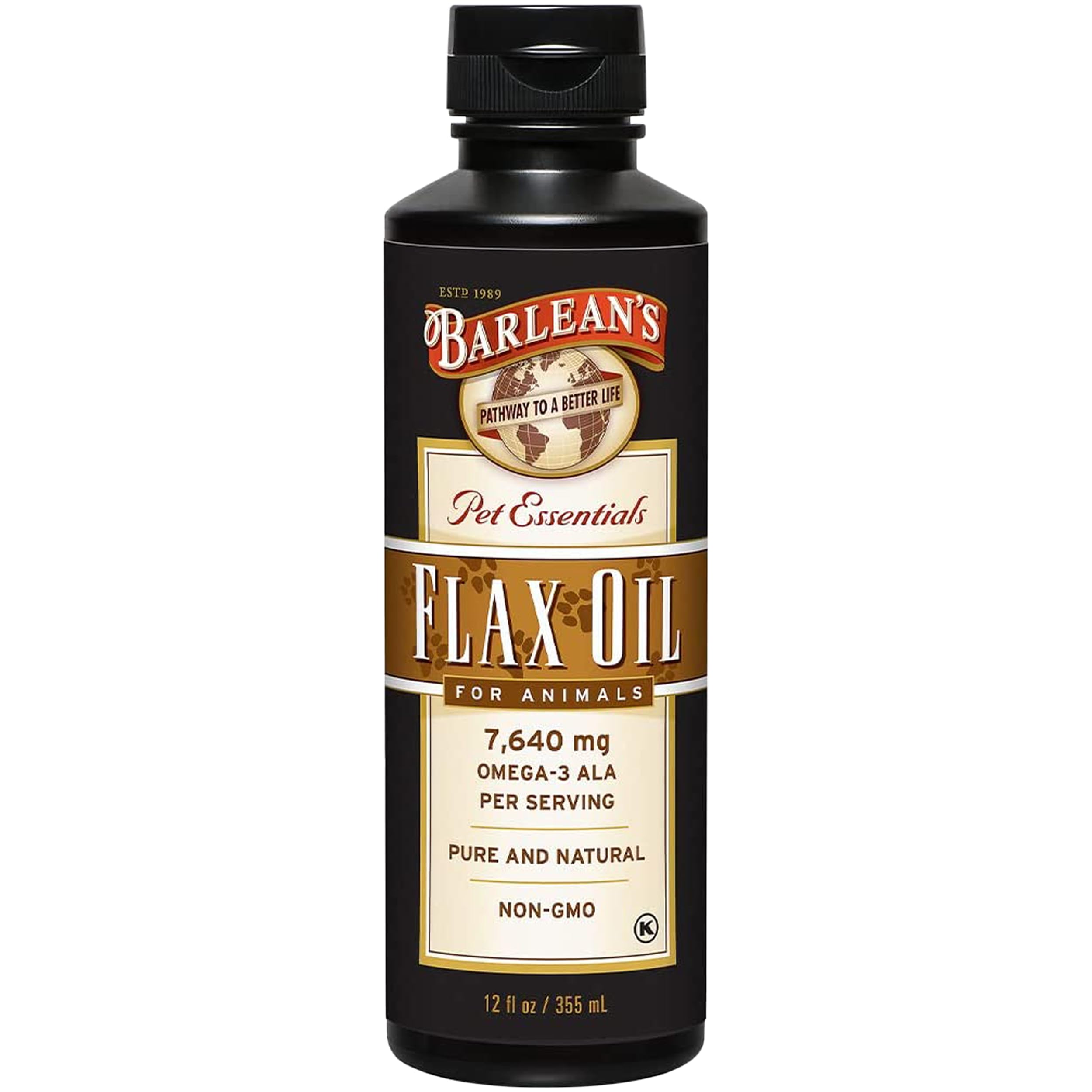 Barlean's Flaxseed Oil for Animals bottle close-up