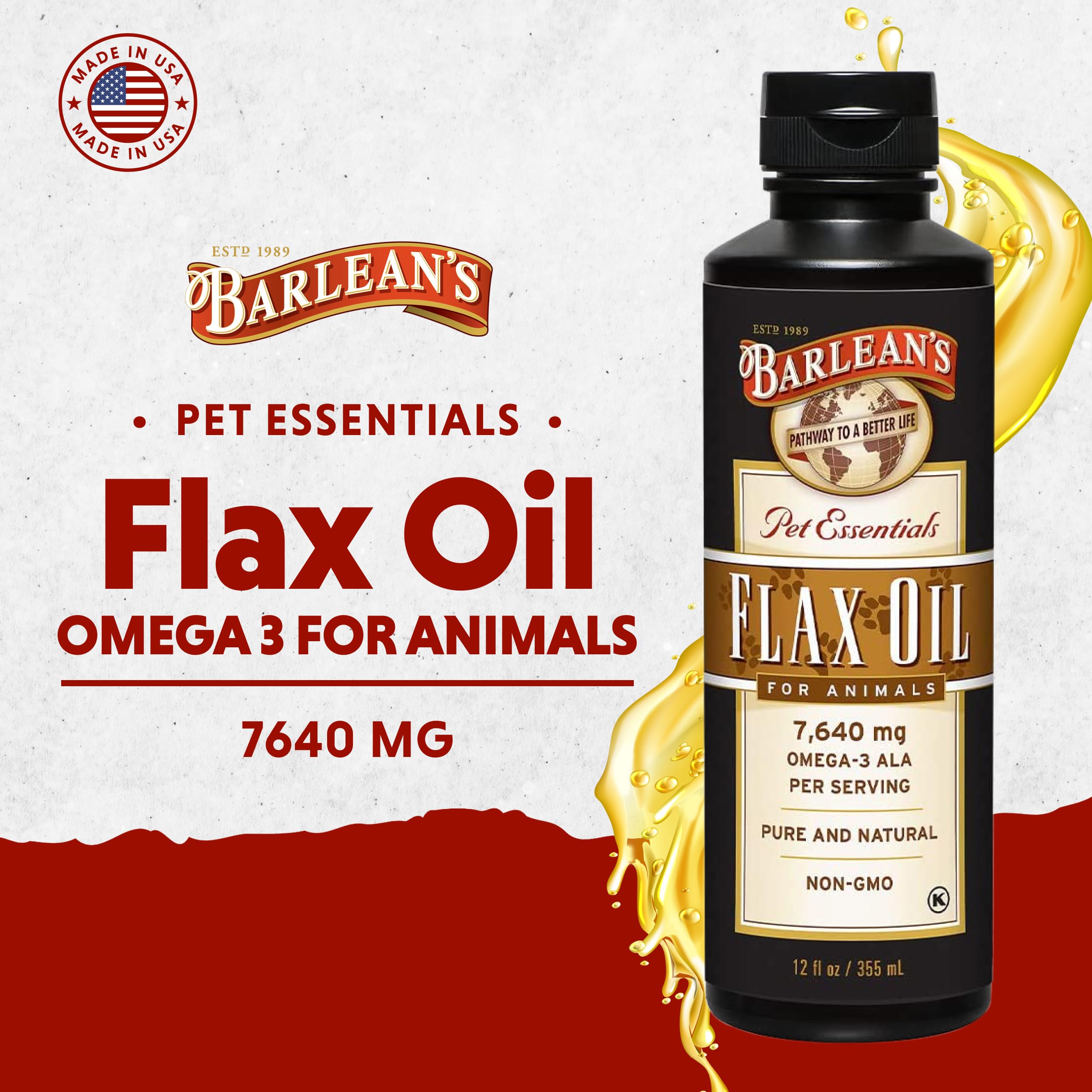Pouring Barlean's Flaxseed Oil for Animals into a pet dish