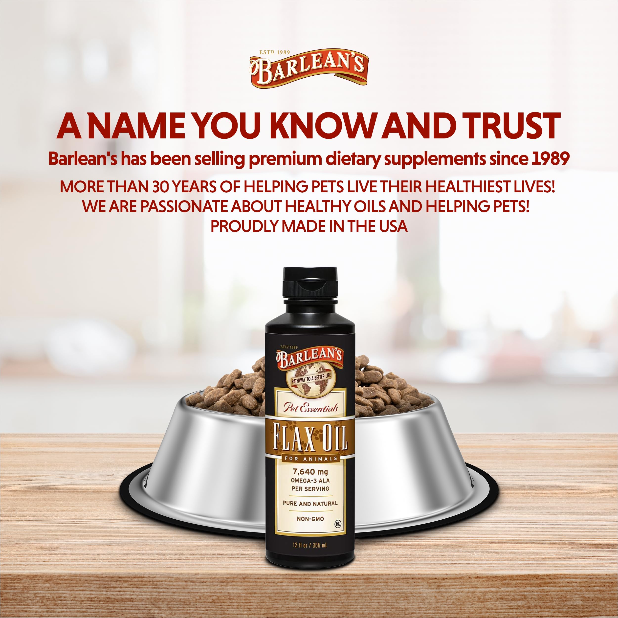 Pet coat health concept with Barlean's Flaxseed Oil for Animals