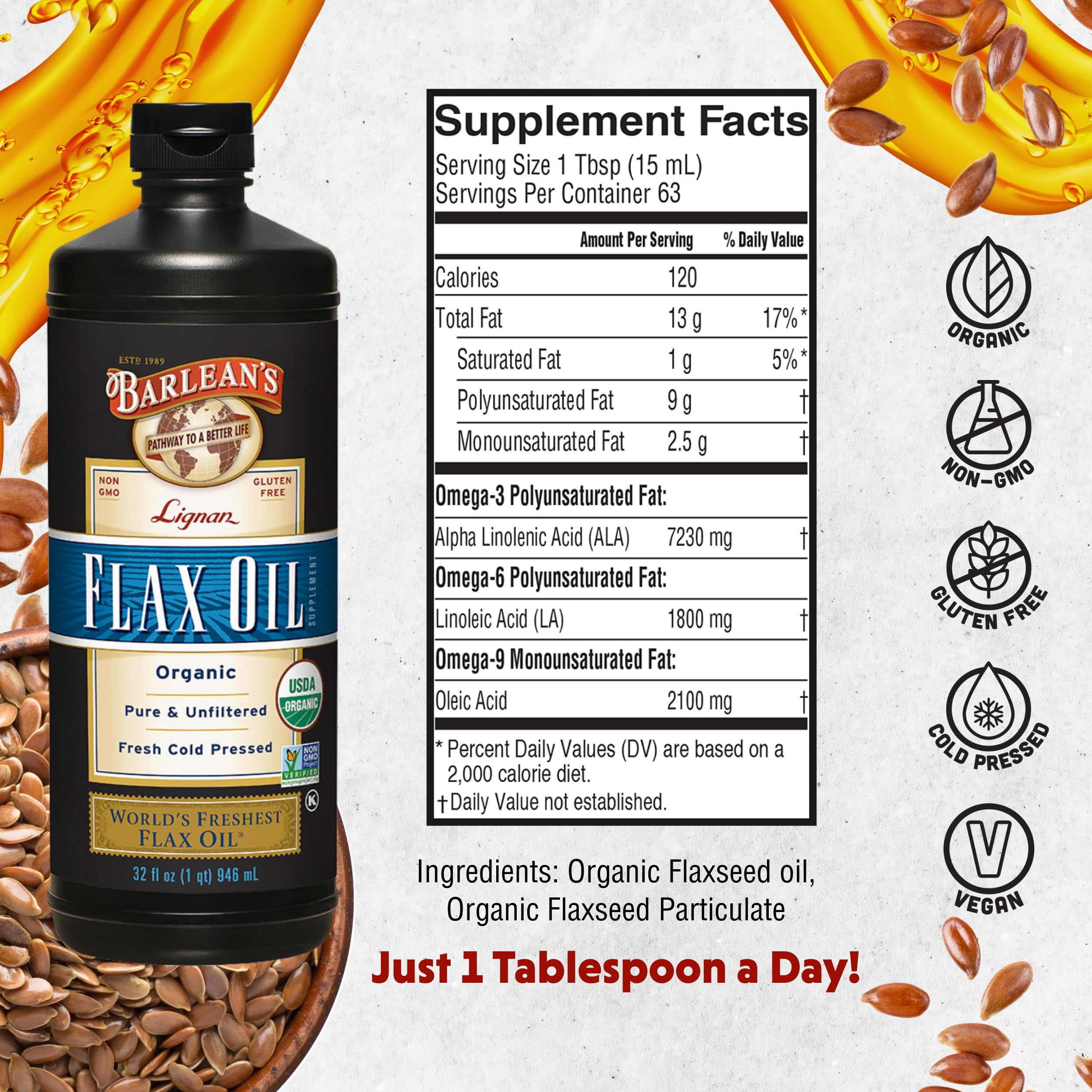Pouring Barlean's flaxseed oil from a spoon